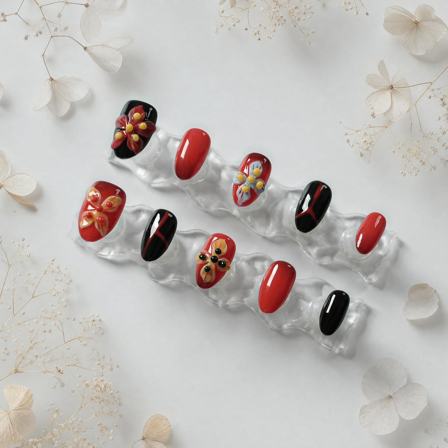 Tesytto Press on Nails 3D Floral, 10Pcs Handmade Short Almond Fake Nails Red & Black, 3D Carved Flowers Design Reusable Stick on Nail Tips for Women, Salon Quality (Crimson Flame Shadow,M)