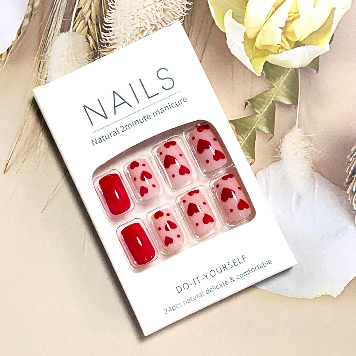 FIEONCIY Press on Nails Short Square Shaped Glossy Full Cover Acrylic Extra Short Square False Nails with Love Heart Designs Artificial Fake Nails Glue Stick ons Fingernails for Women Girls(X0079)