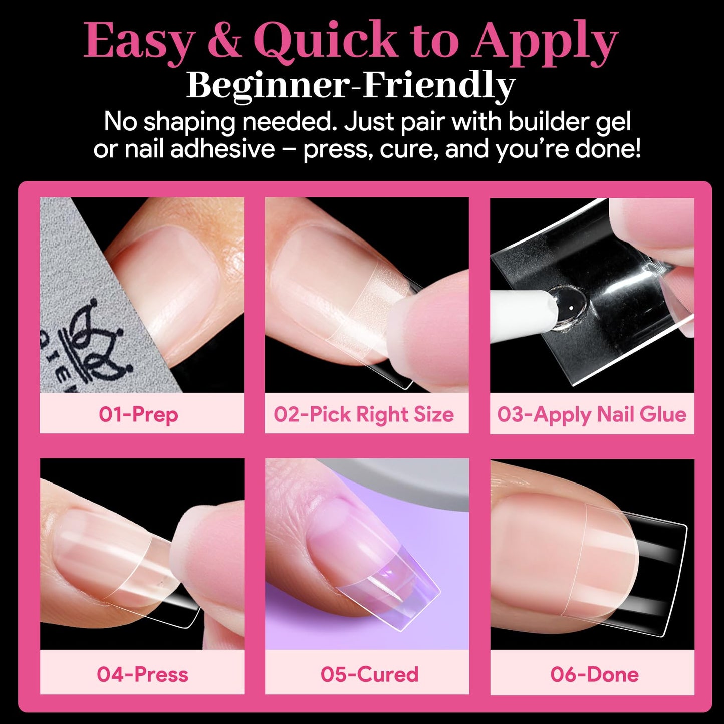 Qiek 510pcs Short Square Half Cover Nail Tips, No-File Pre-Buffed Clear Acrylic Press On Tips 15 Sizes with Half Sizes, 0.1mm Thin Back No C Curve for DIY Nail Extensions & Home Salon Beginners