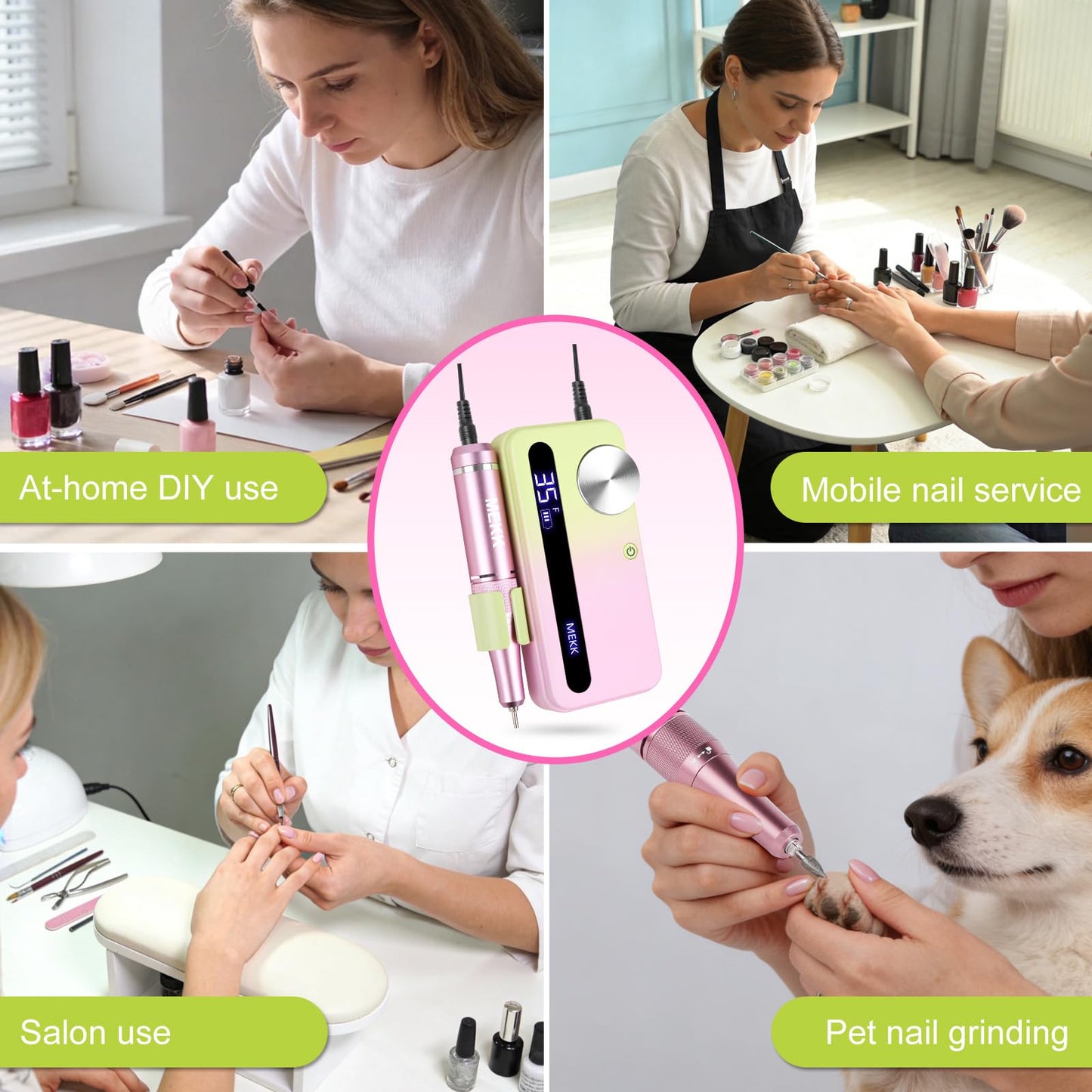 MEKK Nail Drill Kit,35000RPM Electric Nail Drill Professional Electric Nail File with 12PCS Bits,Anti-Shaking Cordless E Filer for Nails with LCD Display,Home & Salon (Pink-Green)