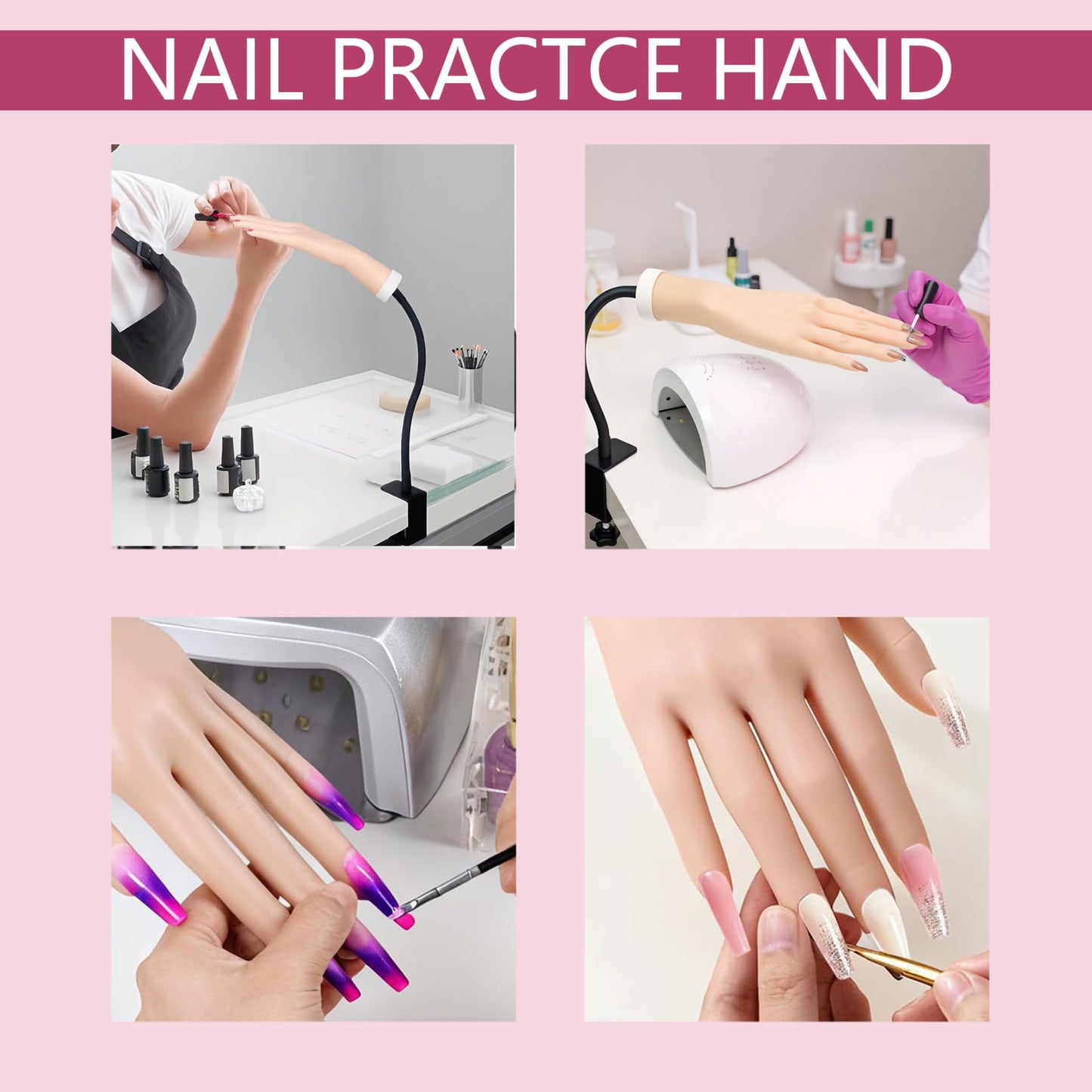 Practice Hand for Acrylic Nails,Flexible Nail Practice Hand Kit with Clamp Stand,140 Nail Tips, Nail Glue, 6pcs Nail Art Brushes - Complete Manicure Training Tool for Beginners & Professionals