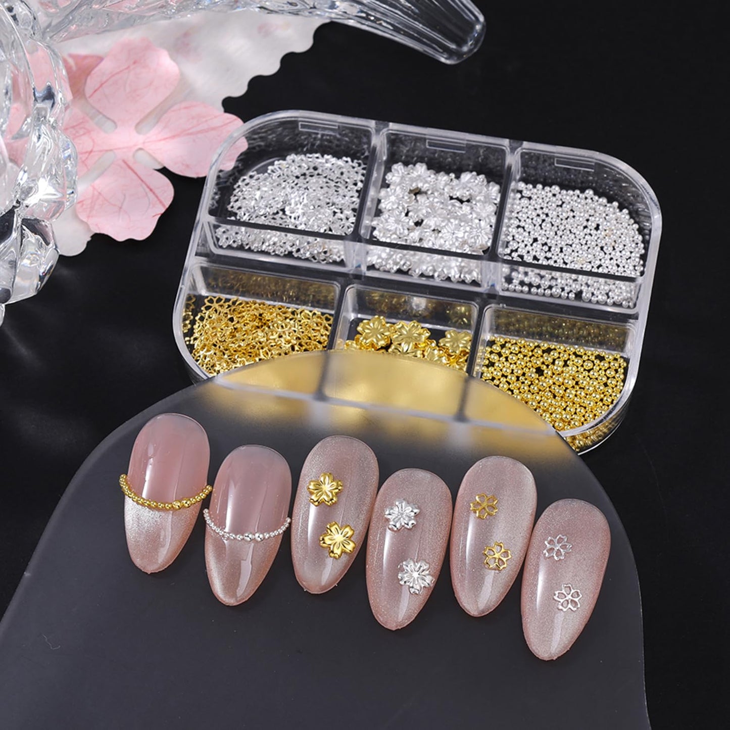 CJDLTS 6 Grids Flowers Nail Decoration, Gold Silver 3D Flower Nail Art Decorations, Metal Cherry Flower Studs with Beads Hollow Flowers Sequins for Women Acrylic Nails DIY Manicure