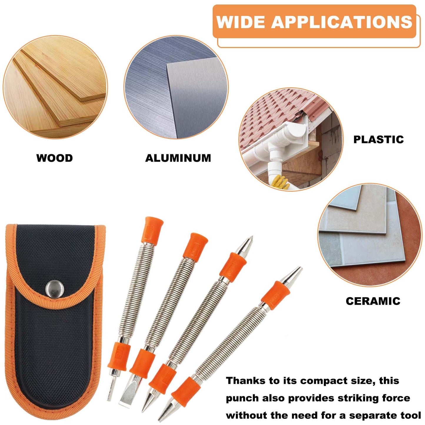 WHLLING 4 Pieces Dual Head Nail Setter, Dual Head Center Punch, Door Hinge Pin Removal Tool and Cold Chisel, Spring Nail Set, Spring Loaded Punch(1/8-in, 3/32-in, 3/16-in, 1/16-in, 5/16-in, 1/8-in)
