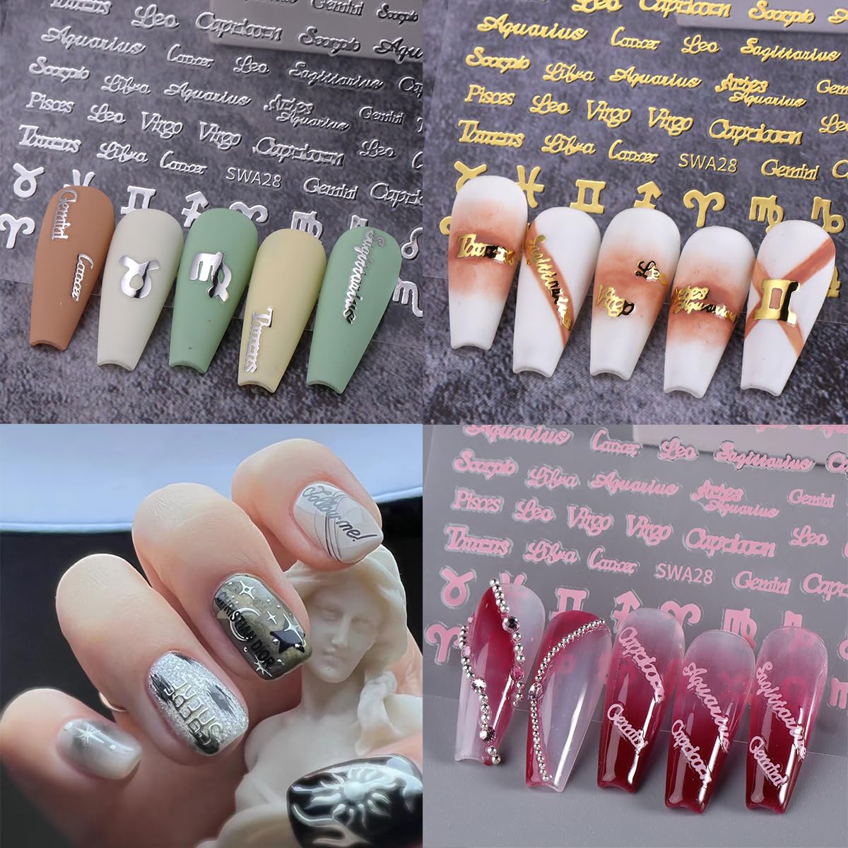 6Pcs Constellation Nail Art Stickers 3D English Letters Nail Stickers for Nail Art Decoration Self-Adhesive 12 Constellations English Nail Design Supplies Gold Silver Pink French Nail Decals for Women