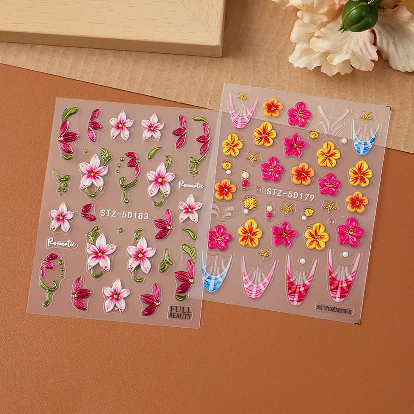 CJDLTS 2 Sheets 5D Flower Nail Art Stickers 5D Relief Self -Adhesive Green Vines with Gradient Flowers Nail Decals Holographic Ripple French Nails Stickers for Women Acrylic Nails Decoration Supplies