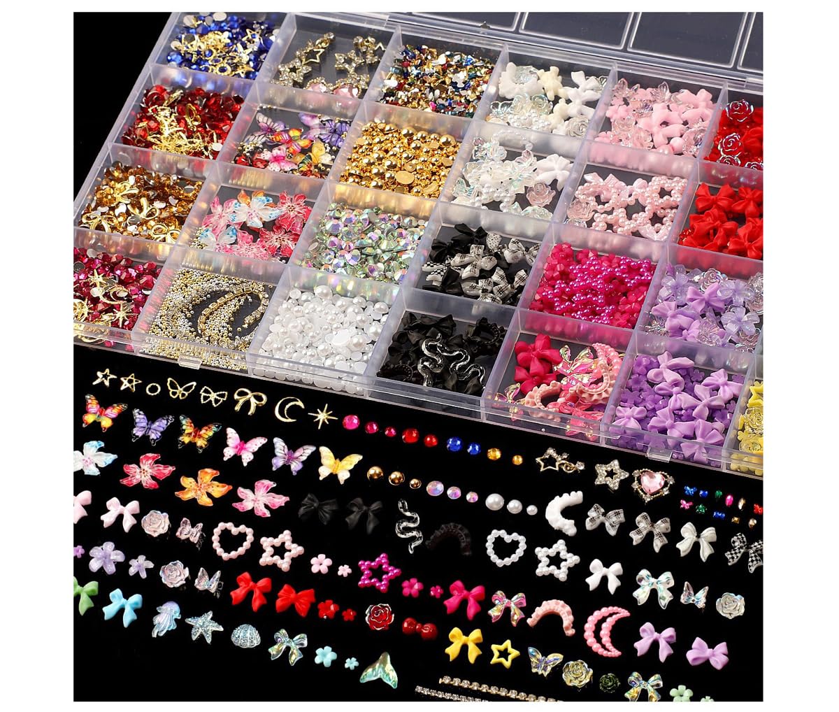 28 Grids Nail Art Decorations Set - 3D Flower Butterfly Bow Star Heart Charms, Rhinestones Gems Pearls, Mixed Metal Nail Jewelry for Acrylic Nails, DIY Manicure Accessories Kit for Women & Girls