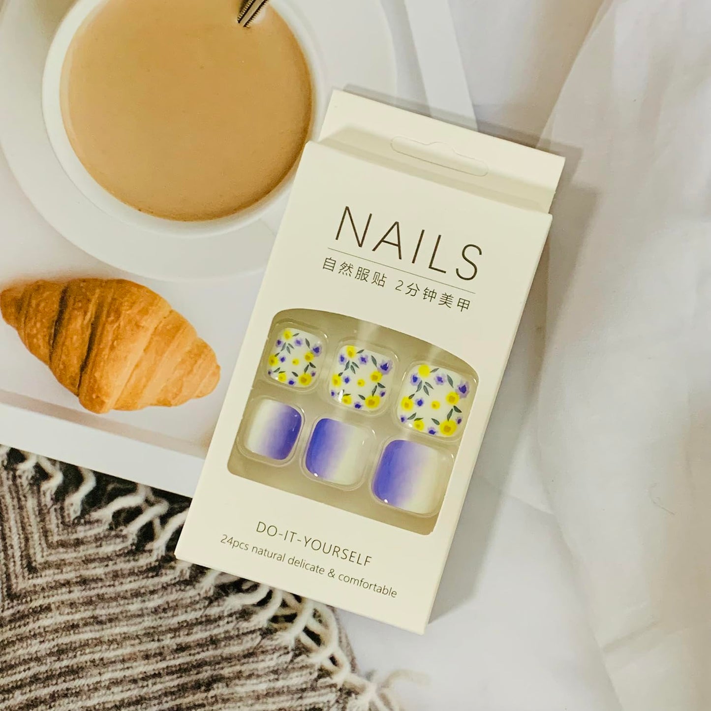 Press on Toenails with Flower Designs, Artificial Purple Fake Nails for Toe, Full Cover Glossy Coffin Acrylic False Nails, Glue on Toenails with Charm, Stick on Toe Nails for Women Girls(F114)