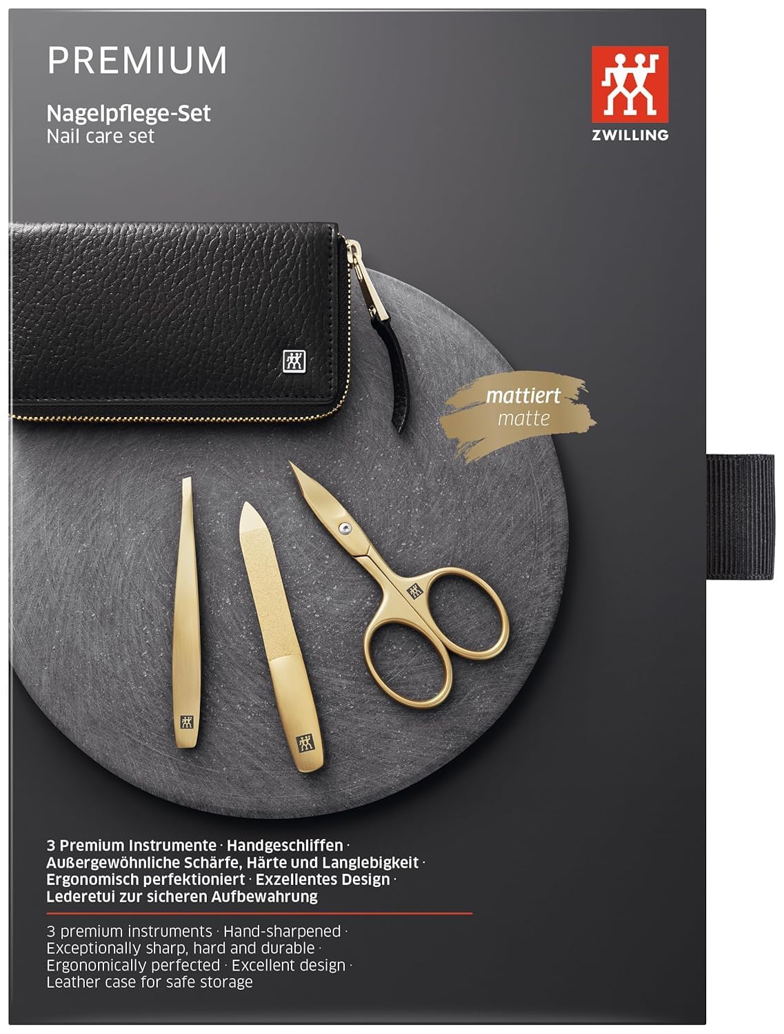 ZWILLING Beauty TWINOX 4-pc Gold Manicure Set with Black Leather Case, Care for hands and feet with nail clippers