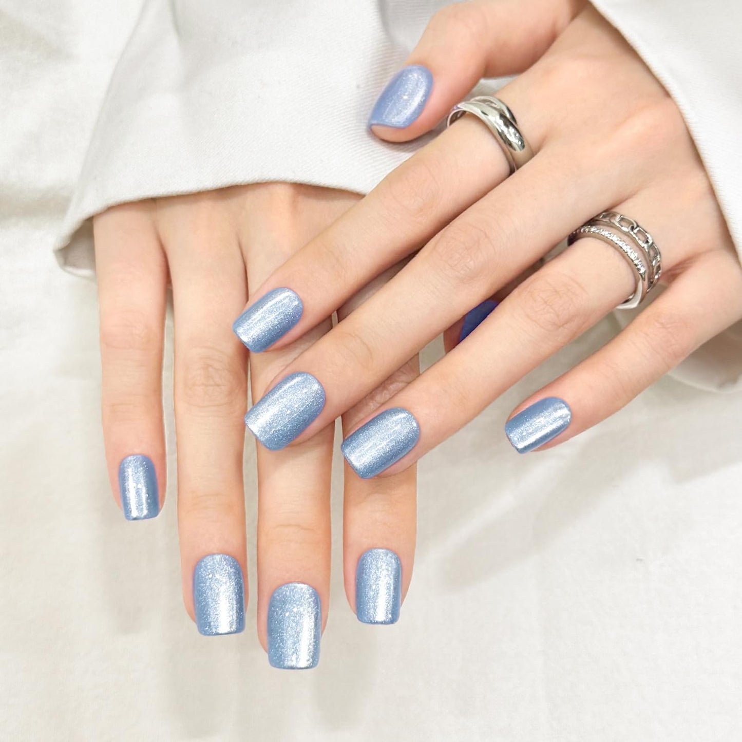 Blue Cat Eyes Press On Nails,12 Sizes - 24 Pcs Soft Gel Blue Short Squoval Fake Nails Kit with Nail Glue, Natural Reusable Stick On False Nails for Women and Girls SK1065
