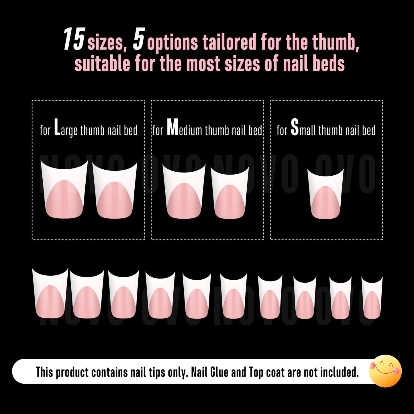 NOVO OVO Duck Nails Short with Moon Curve Light White French Tips BABY PINK Full Cover for Press on Acrylic, Thick Flare Wide French Soft Gel Fake False Nail Extension x 15 Sizes 240 pcs