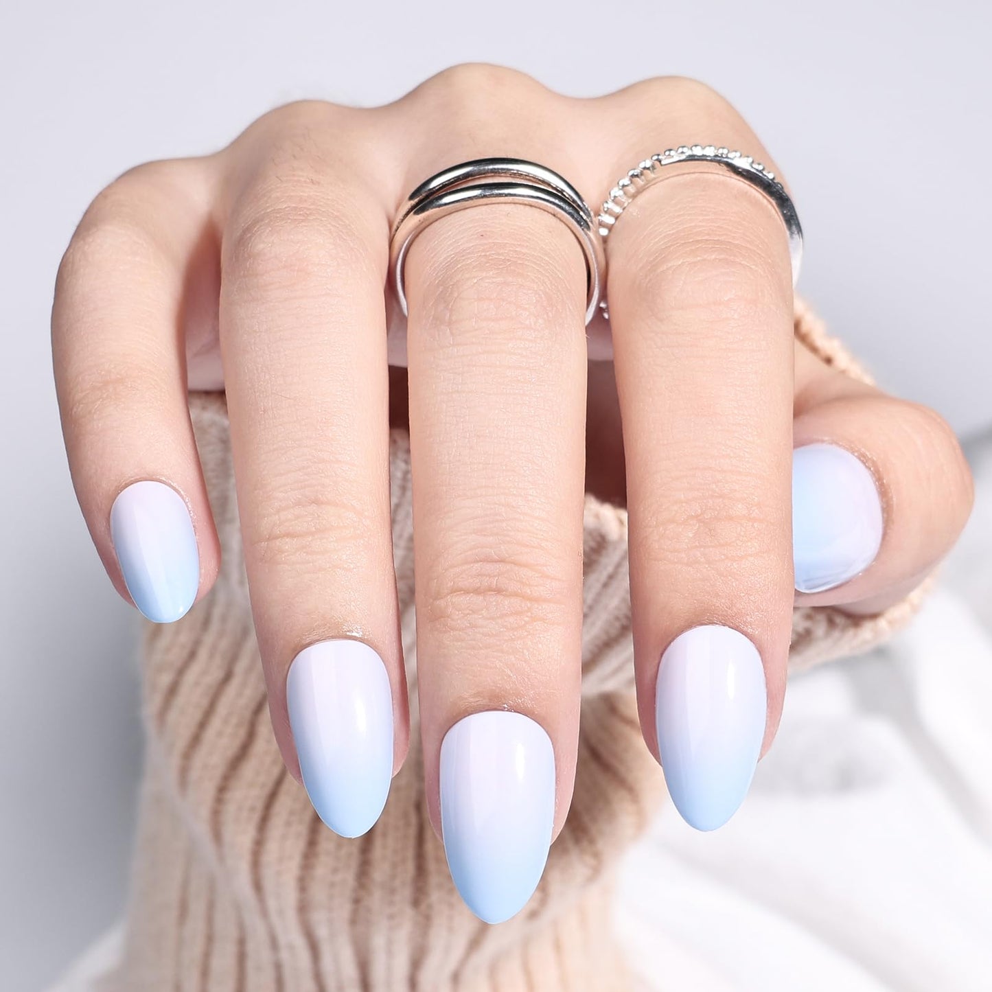 Ombre Press On Nails Short - Blue Almond Ombre French Tip Press On Nails, Reusable Fake Nails Kit with Glue, 32 Nails in 16 Sizes | Salon Quality