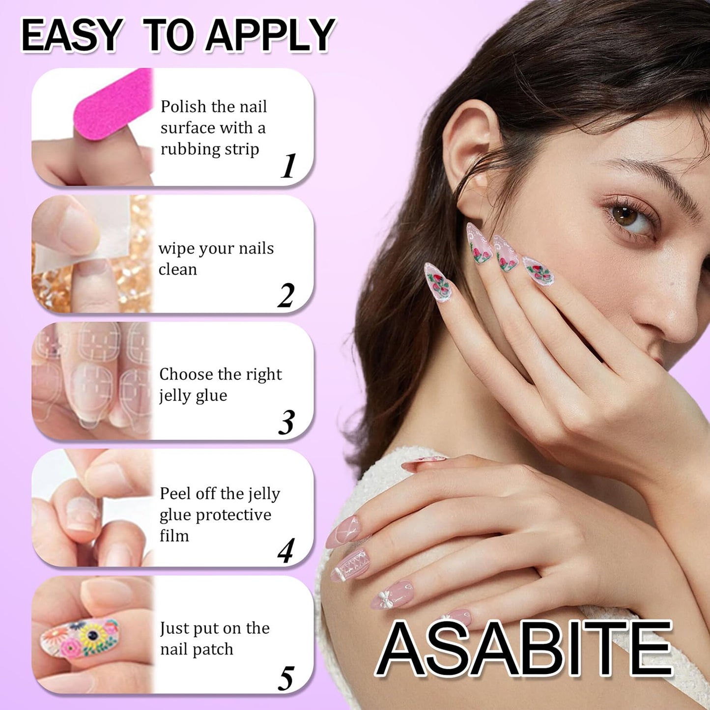 24Pcs Red Purple Almond Press on Nails Spring Summer Flower Fake Nails Glossy Full Cover Nails Press ons 3D Flower Nail Art Reusable False Nails Artificial Medium Stick on Nails for Women Girls