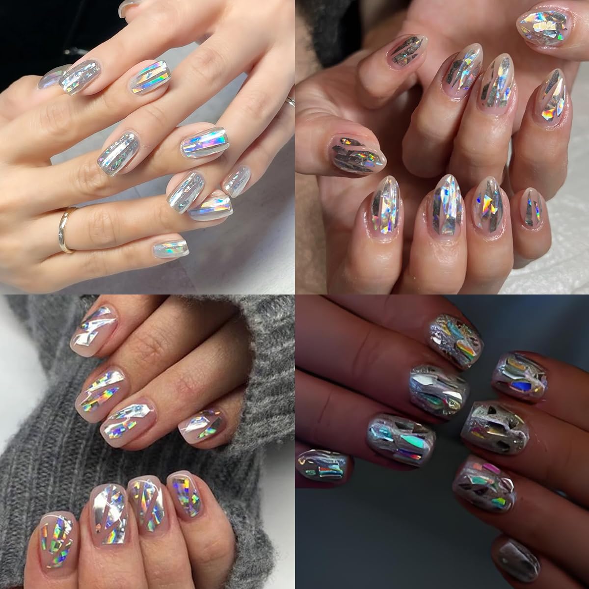 Sparkly Irregular Chunky Glitter Sequin Nail Charms for Nails Design Aurora Laser Silver Glitter for Nails Glitter Flakes Holographic Iridescent Glitter Nail Sequins for Crafts Nail Art Supplies
