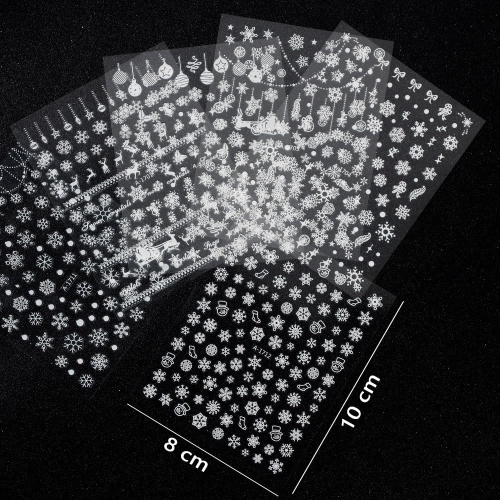 12 Sheets Snowflake Nail Stickers for Nail Art, 1000 Pcs 3D Self-Adhesive White Star Trees Nail Decals, Deer Elk Nail Supplies Nail Art Designs Accessories for Women and Girls Manicure DIY Decoration