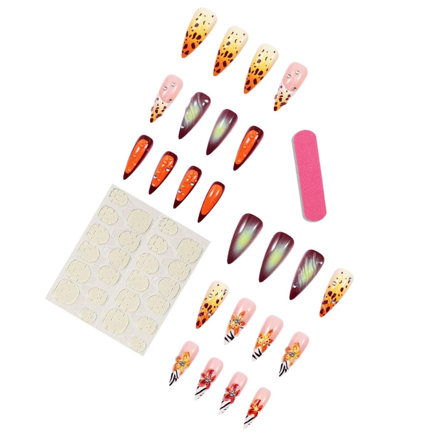 Long Press on Nails Almond Fake Nails Orange Artificial Nail 3D Floral Designs Rhinestones Stick on Nail for Women 24pcs