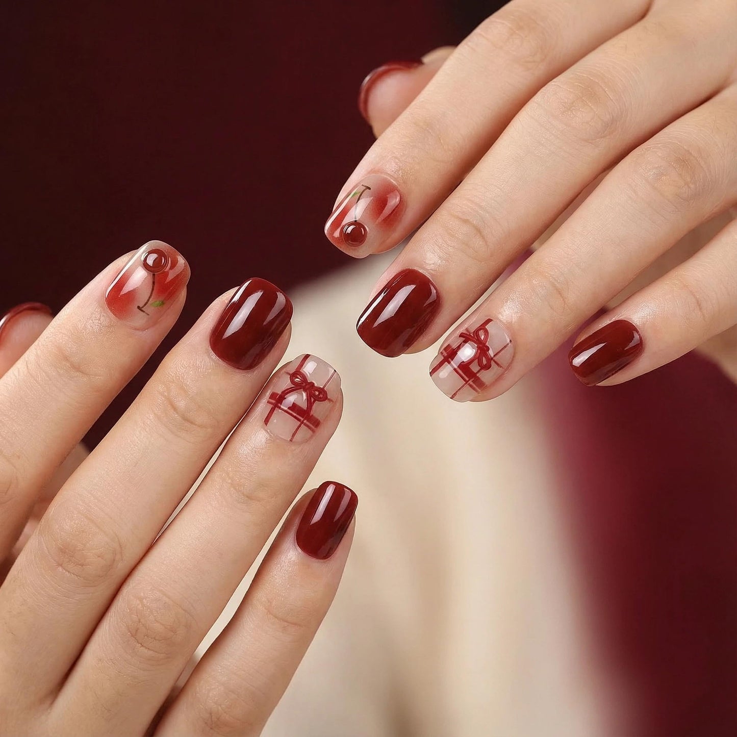 3D Cherry Red Press On Nails, Glossy Short Square Fake Nails with Fruit Design, Elegant Cute On Nails for Women, Salon Look, 30 Pcs Set (The sizing runs small)