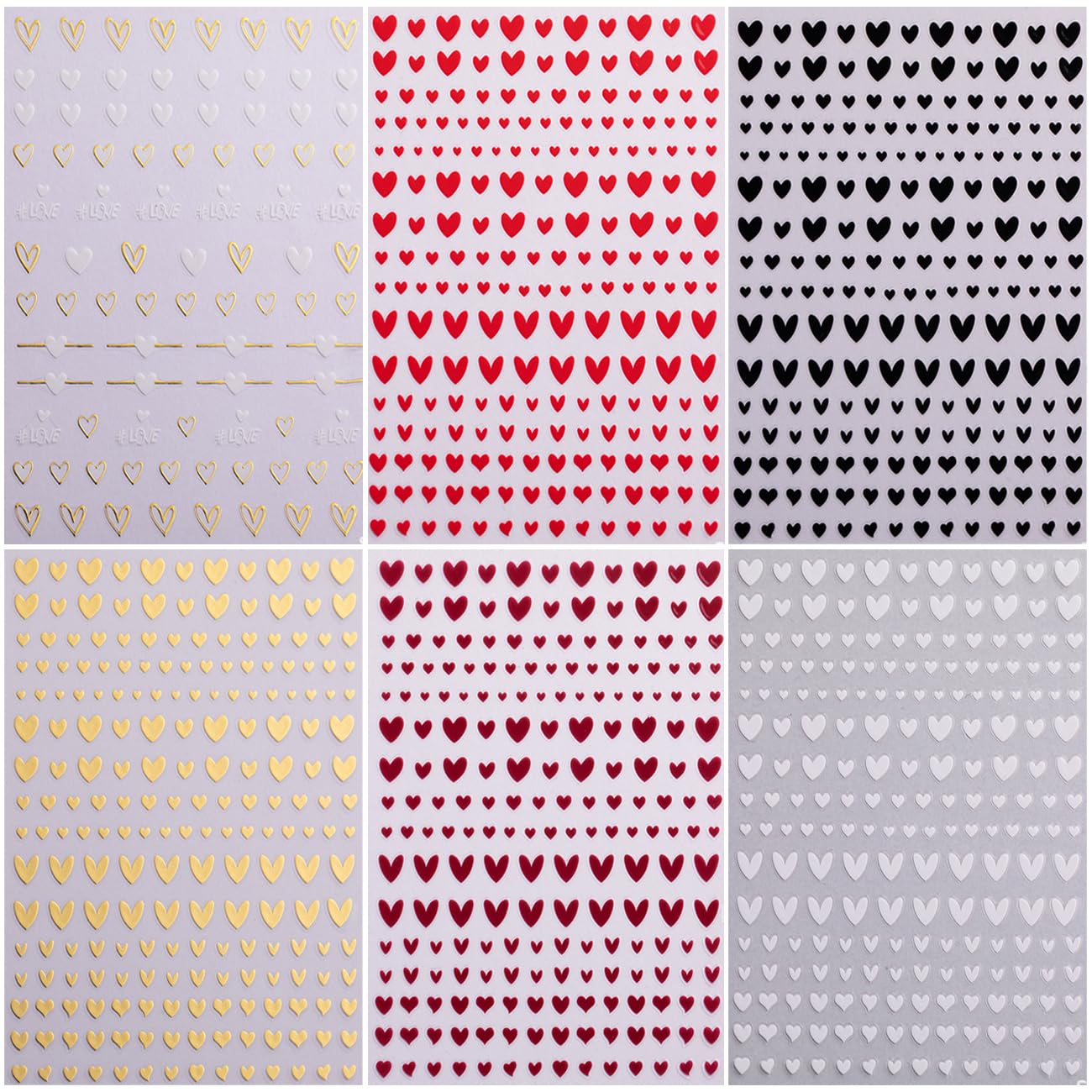 Heart Nail Stickers Decals for Nail Art, 6Sheets 3D Self Adhesive Hearts Nail Art Stickers for Women Gold Black White Red Heart Love Patterns Elegant Design DIY Valentines Manicure Accessories