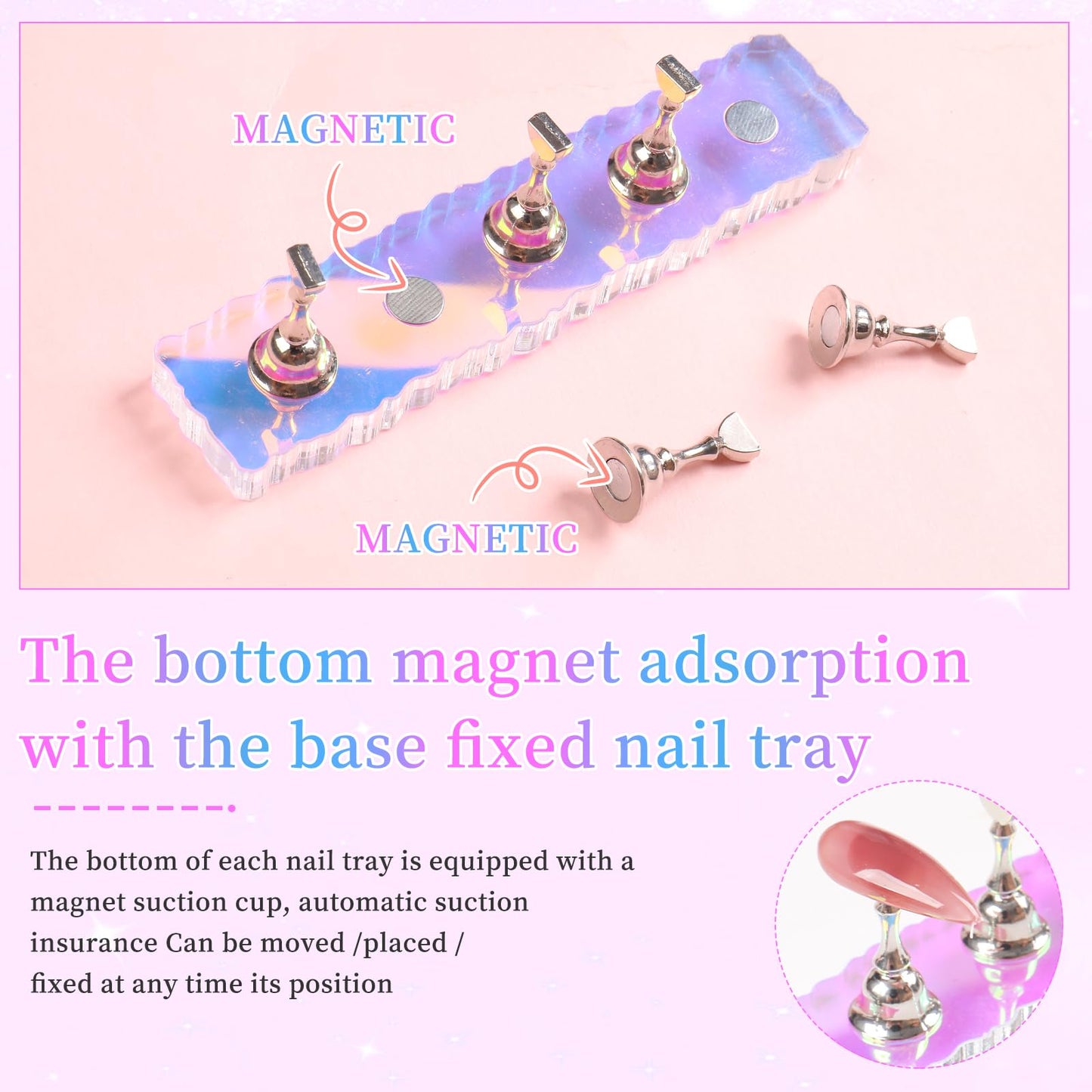 ANGNYA 2 Set Nail Stand, Aurora Nail Holder for Painting Nail Stand for Press on with 96 Pcs Removable Mounting Tapes Nail Display Stand Nail Hand Practice Magnetic Nail Art Tools for Homes and Salons