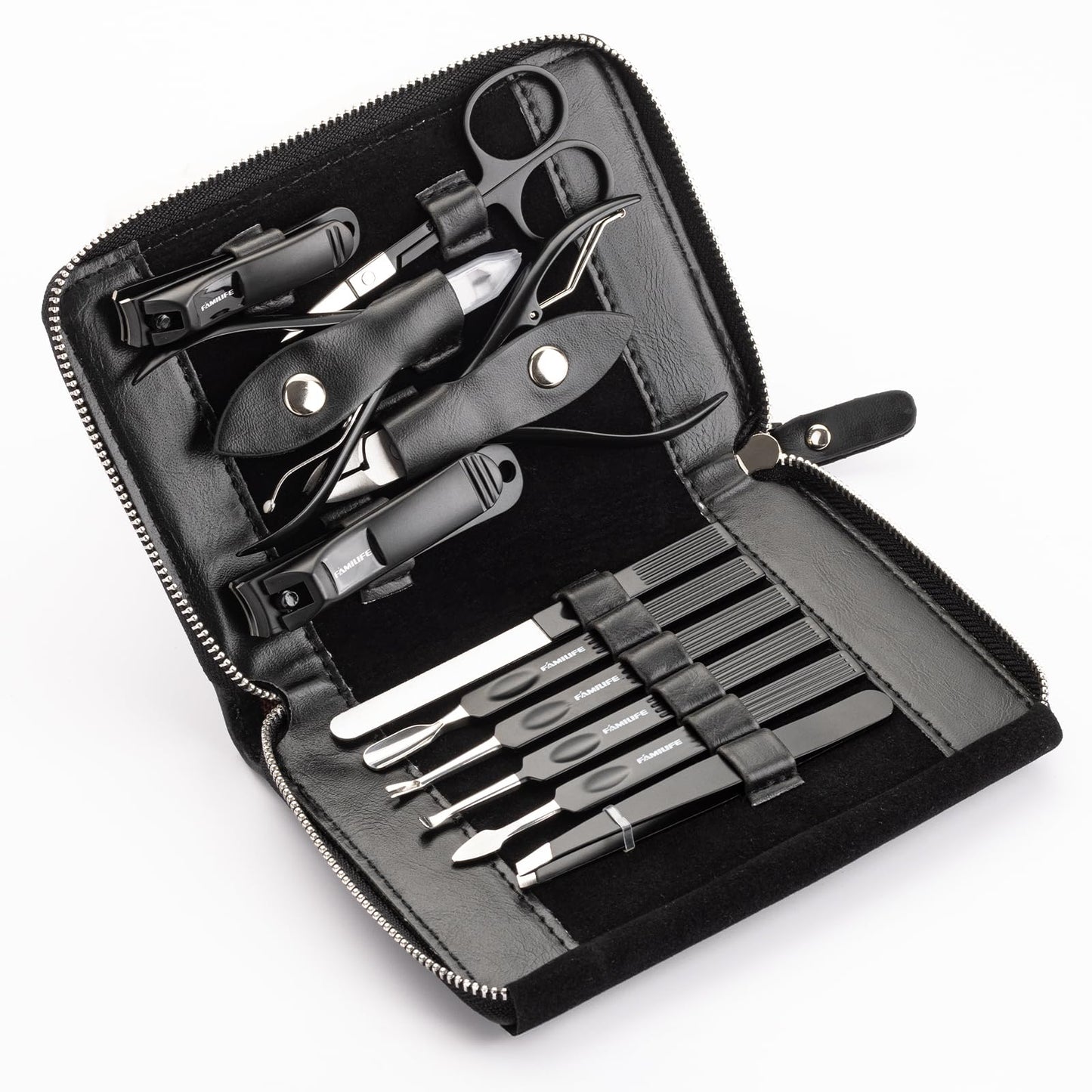 FAMILIFE Professional Manicure Set, Manicure Kit, Nail Clippers Set, 11 in 1 Stainless Steel Black Pedicure Tool, Nail Kit with Portable Leather Travel Case Luxury Gifts