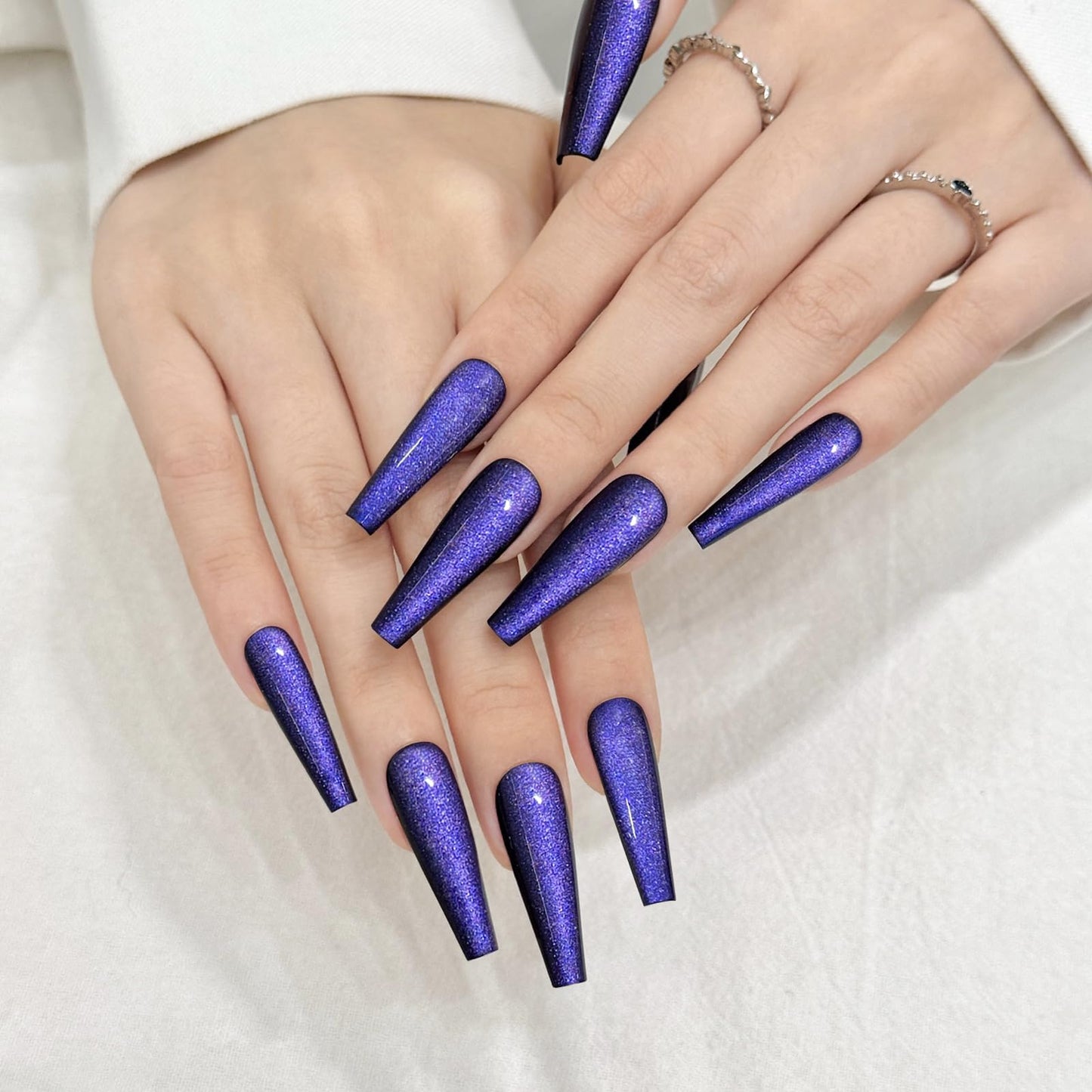 Dark Blue Cat Eyes Press On Nails,12 Sizes-24 Pcs Soft Gel Blue Long Coffin Fake Nails Kit with Nail Glue, Natural Reusable Stick On False Nails for Women and Girls SK1041