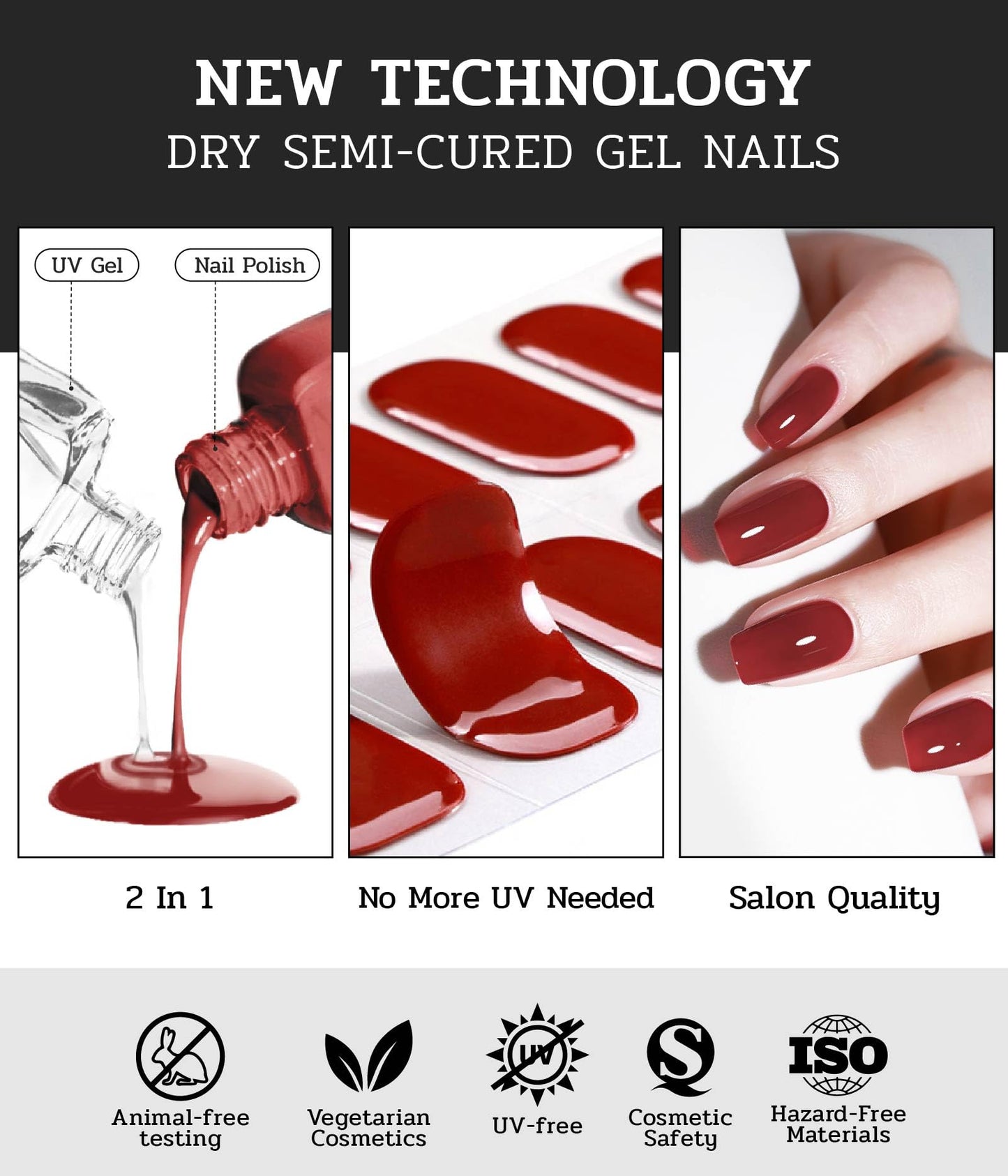 ruyeefam Nail Polish Strips (No UV Lamp Needed) - 22 Pcs Salon Quality Gel Nail Stickers - Long Lasting Wraps (Silvered Wine)