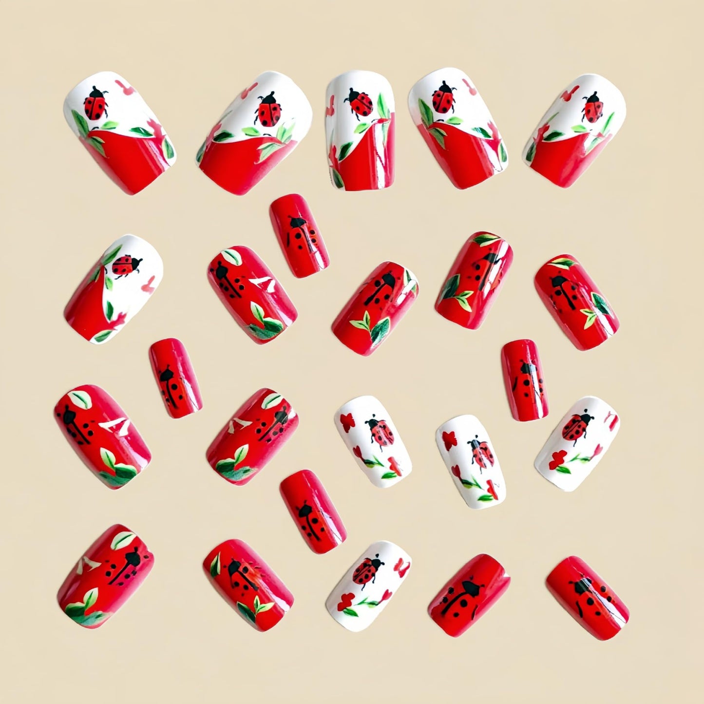 Cute Press on Nails Red Ladybug Leaves Design Square Short for Women Glossy Fake Nail Acrylic Full Cover Stick on Nails Manicure Decoration Reusable False Nail 24PCS 12 Sizes Kit Gift
