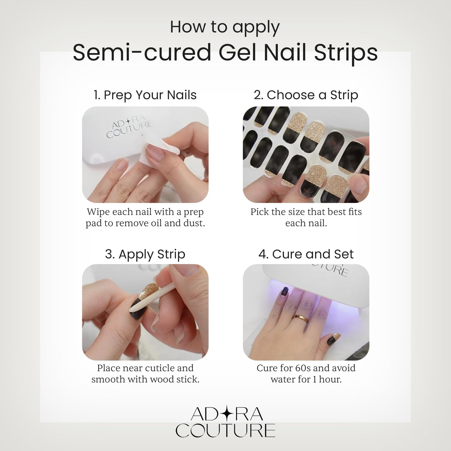Adora Couture Semi-Cured Gel Nail Strips - 20 Salon-Quality Gel Sticker with UV Light Required, Long Lasting, Easy Application & Removal, Includes Prep Pad, Nail File, Wooden Stick (Natural Whim)