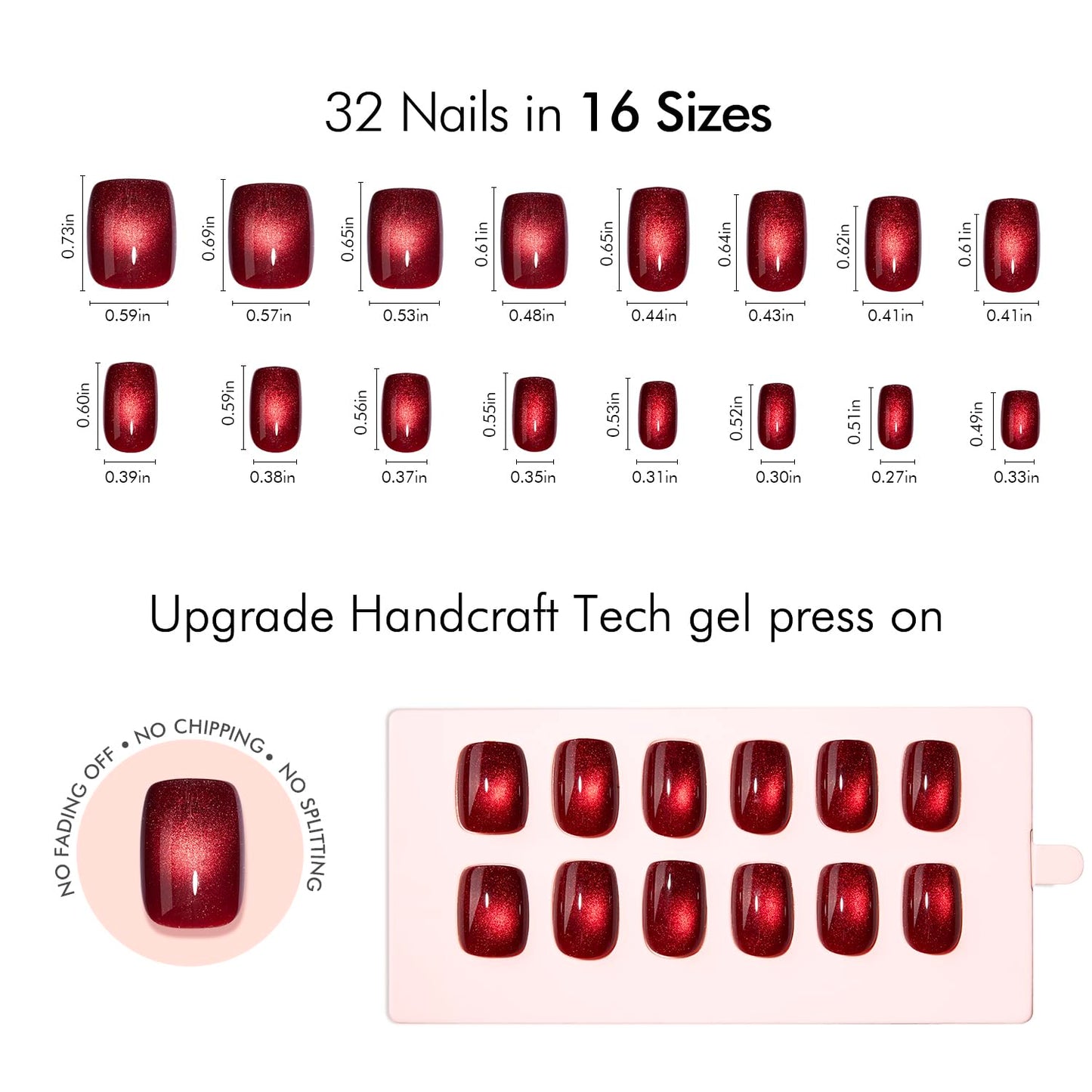 VSALON Press on Nails Short Square - Burgundy Red Cat Eye Glitter Fake Nails, Reusable Opaque Gel Magnetic Effect Fake Nails with Glue & Cuticle Oil - 32 PCS in 16 Sizes