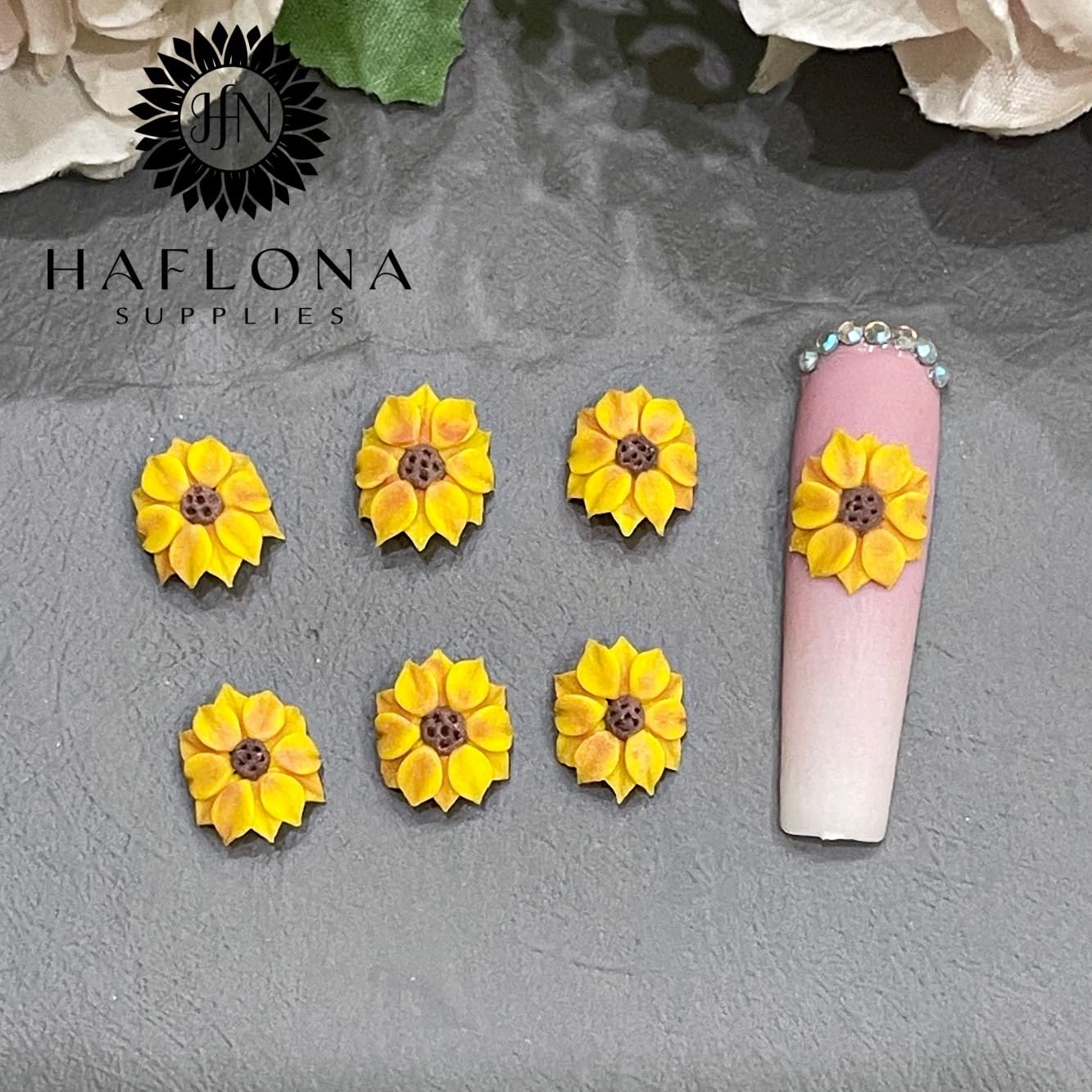 Set 8Pcs 3D Sunflowers Flower Nail Art Charms Handmade by Acrylic Powder Design Floral Salon Decor,3D -Flowers -Nails -Charms For Women Girls (Sunflower-8Pcs)