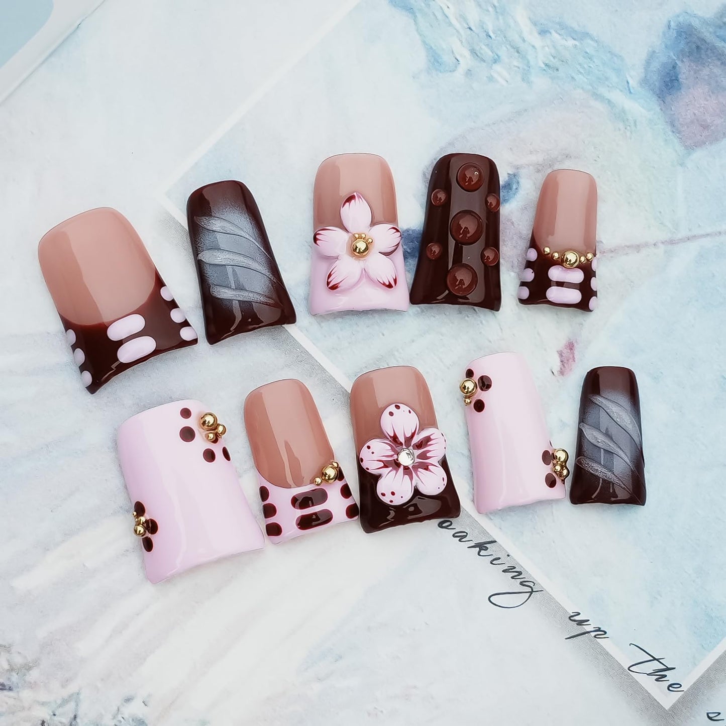 Tesytto Handmade Press on Nails Short Duck - Burgundy Nude Pink Ombre French Tip with 3D Cherry Flower & Y2K Gold Beads, Summer Reusable Acrylic Full Cover (Blush Mauve Flower Waltz, S)