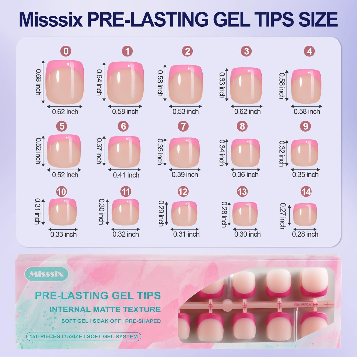 Misssix French Tip Press On Toe Nails, 150Pcs French Gel Toe Nail Tips, Short Square Soft Gel Fake Toe Nails, X-BASIC Toenails Starter Kit for Nail Art DIY 15 Sizes
