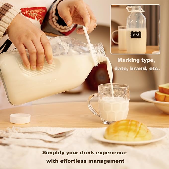 Glass Milk Jugs Bottles - Half Gallon / 2Qt Container Pitcher with Airtight Screw Lids and Handle for Milk, Breastmilk, Juice, Iced Tea, Cold Water, 64 OZ Set of 2