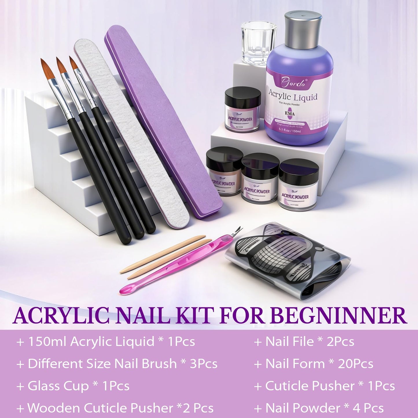 Pjordo Acrylic Nail Kit, 5.1fl. oz Acrylic Liquid with 3 Sizes Nail Brush, Files, Forms & 4 Powders for Nail Extension, Not Easily Yellowed Acrylic Nail Kit for Beginners & Salon DIY Home Nail Art