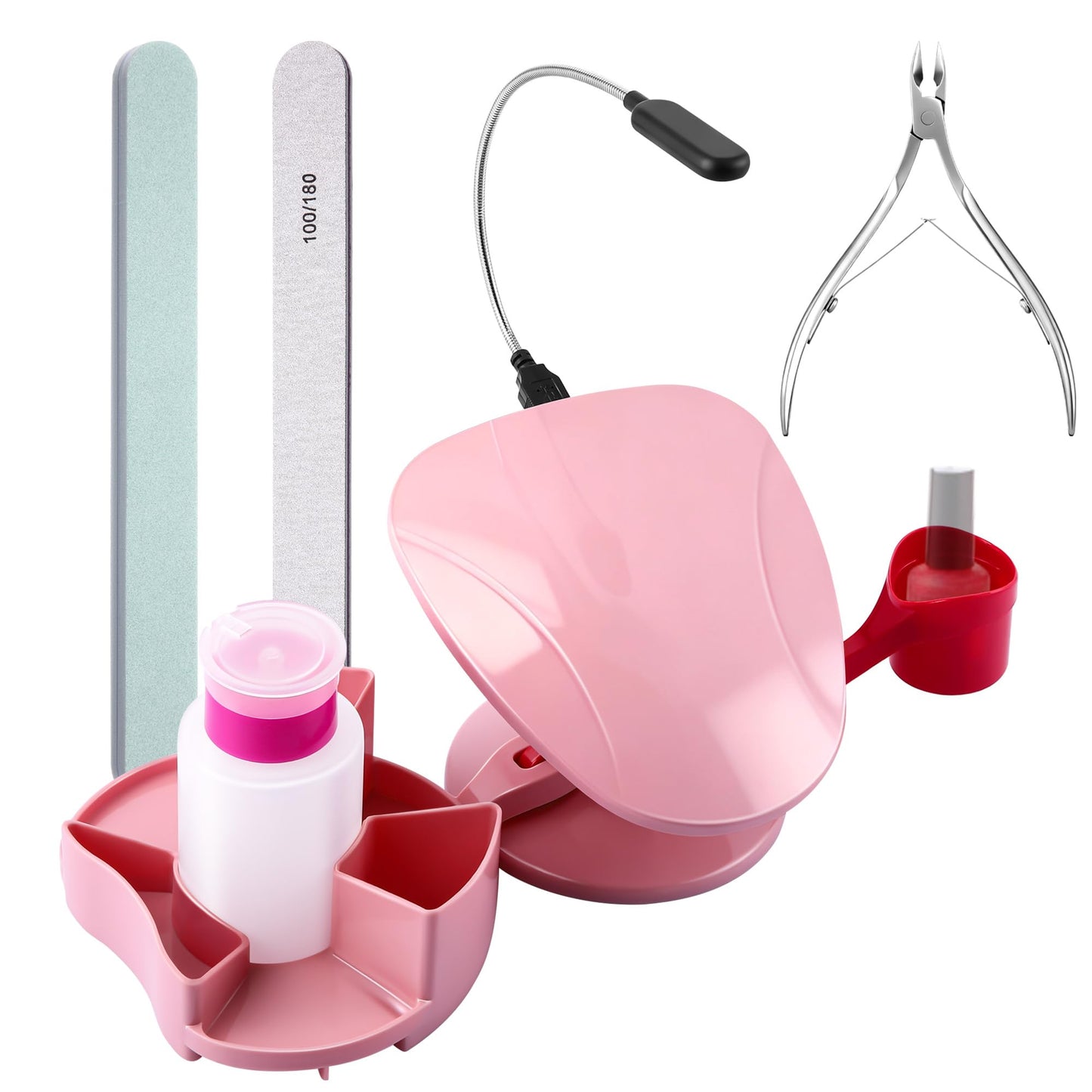 Enhon Manicure Supplies, Nail Stand Hand Rest for Nails with Multi Angle & Polish Trays, Manicure Set 3 Pieces & LED Lights, Foot Station Supply for Salon Home DIY, Christmas Gifts for Women (Pink)