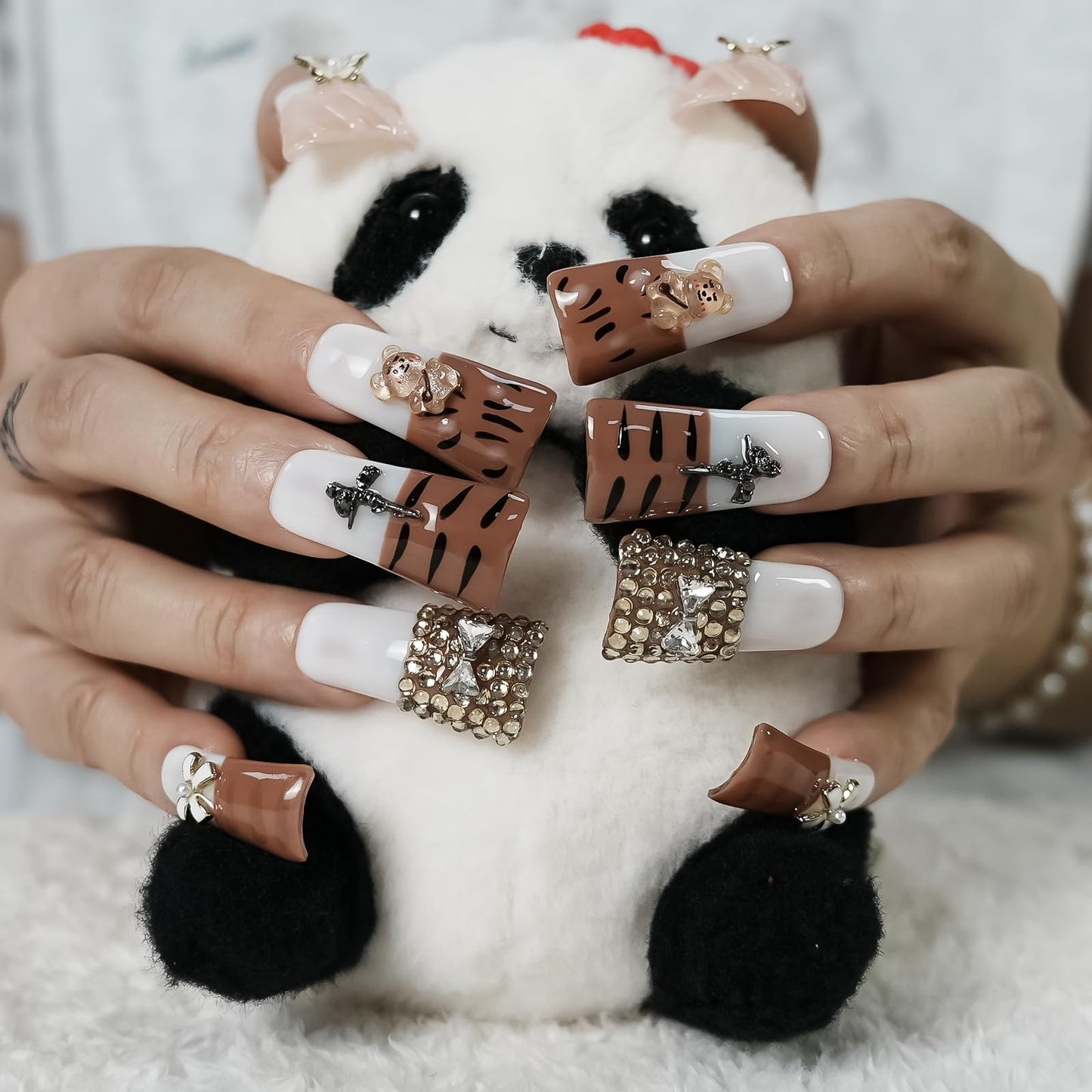 Tesytto Press On Nails Long Duck, Handmade French Tip Fake Nails with 3D Butterfly, Bear, Tiger Stripe, Rhinestone Bow & Rose Cross Charms, Sweet Edgy Acrylic Nails (Diamond Tiger Pattern, M)