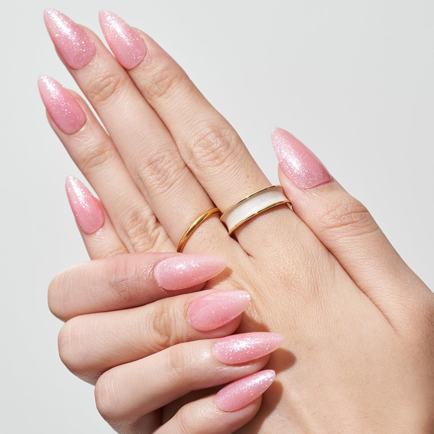GLAMERMAID Pink Press on Nails Medium Almond, Handmade Glitter Light Pink Neutral Jelly Sofy Gel Glue on Nail Stiletto, Glossy Fake Nails Short Oval,Reusable Acrylic Stick on False Nail Kits for Women