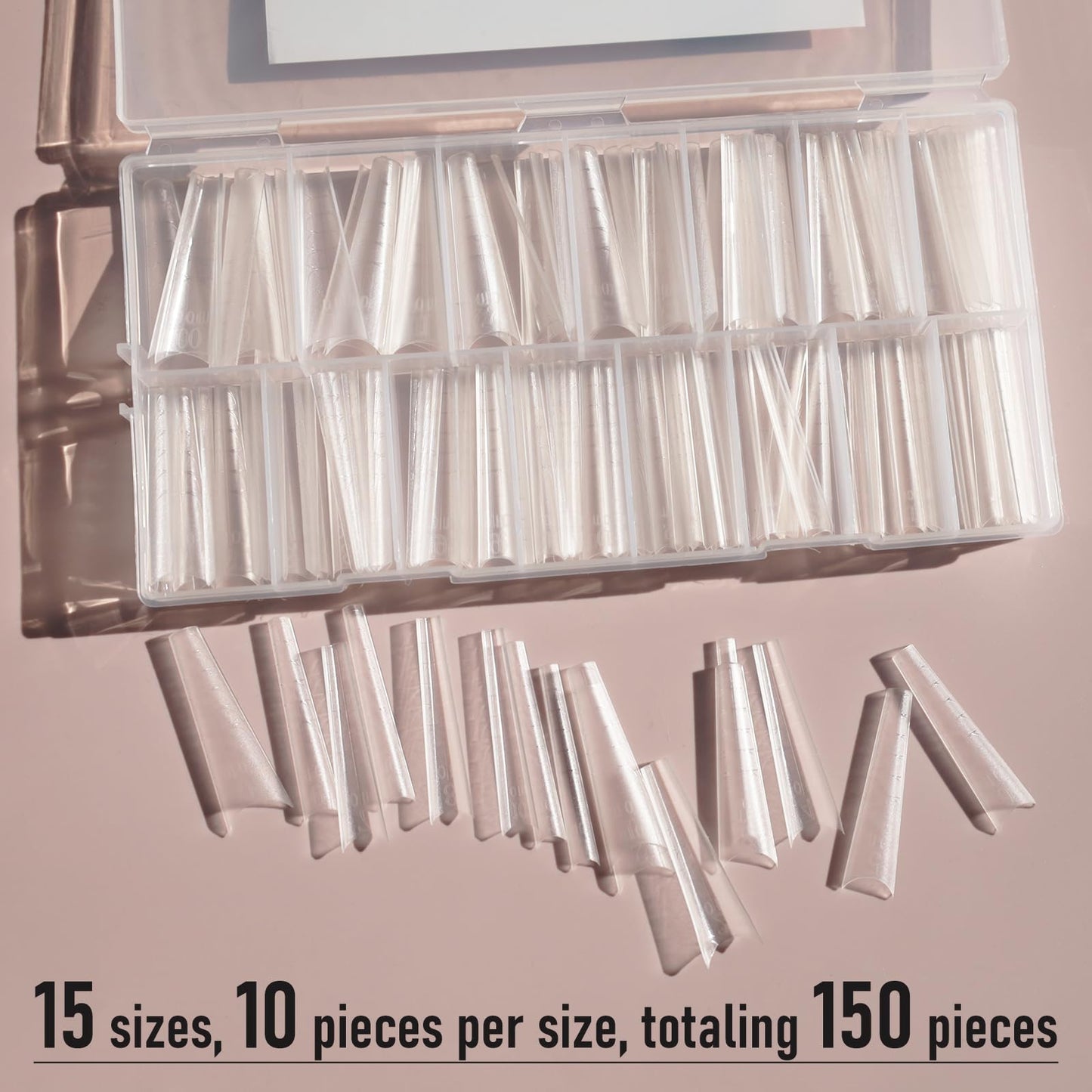 Wellquinn 5cm Shallow Cover Nail Tips, D-Arc at the Stress Area, C-Arc Sculpted, Straight Coffin Shape, Can be Filed into Almond Shape, 150Pcs 15 Sizes with Auxiliary Lines