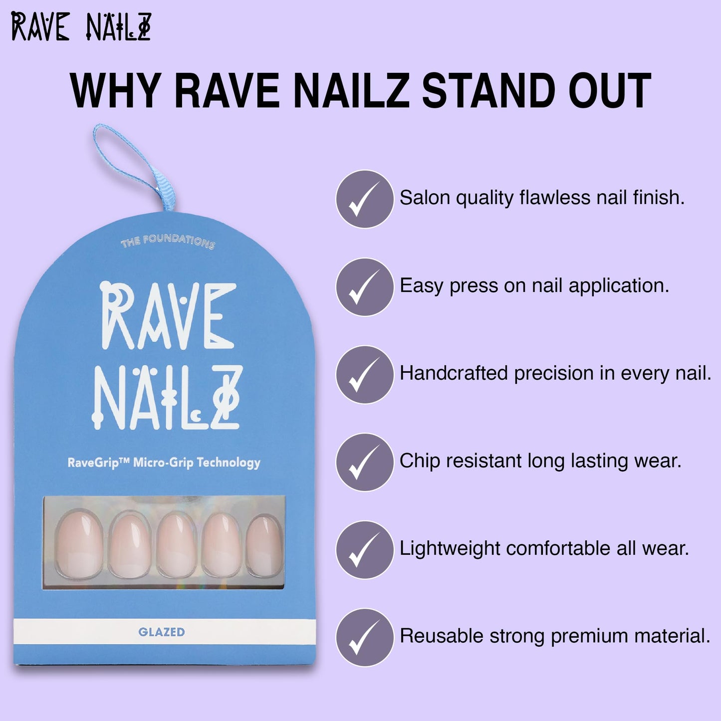 Rave Nailz Glazed French Tip Press On Nails (30 Count) - Short Oval Glossy Press On Nails with Subtle Elegance - Chip-Resistant Fake Nails with Glue, Includes File, Long-Lasting 2+ Weeks