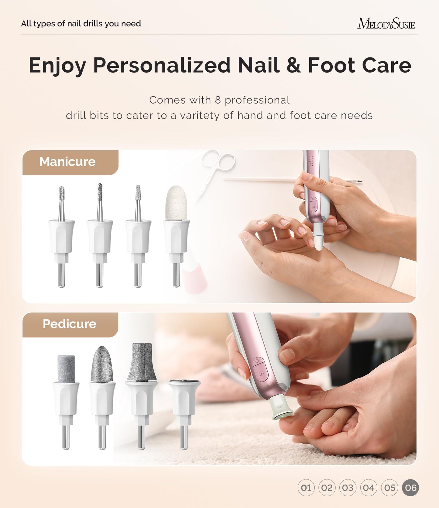 MelodySusie Cordless Pedicure & Manicure Nail Drill Kit, PC760G for Salon-Quality Foot Care for Home & Travel, Rechargeable with 5 Speeds, 8-in-1 Bits, 360° LED Light & Anti-Dust Shield