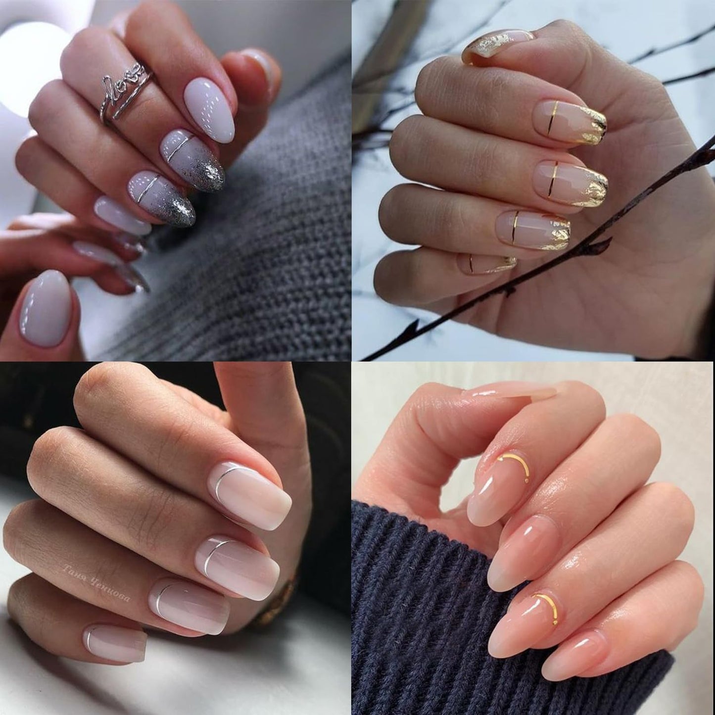 2 Sheets French Tips Nail Art Stickers - 5D Holographic French Simple Gold Silver Line Nail Stickers with Crystal Diamond Design Nail Decals for Women Manicure Decorations