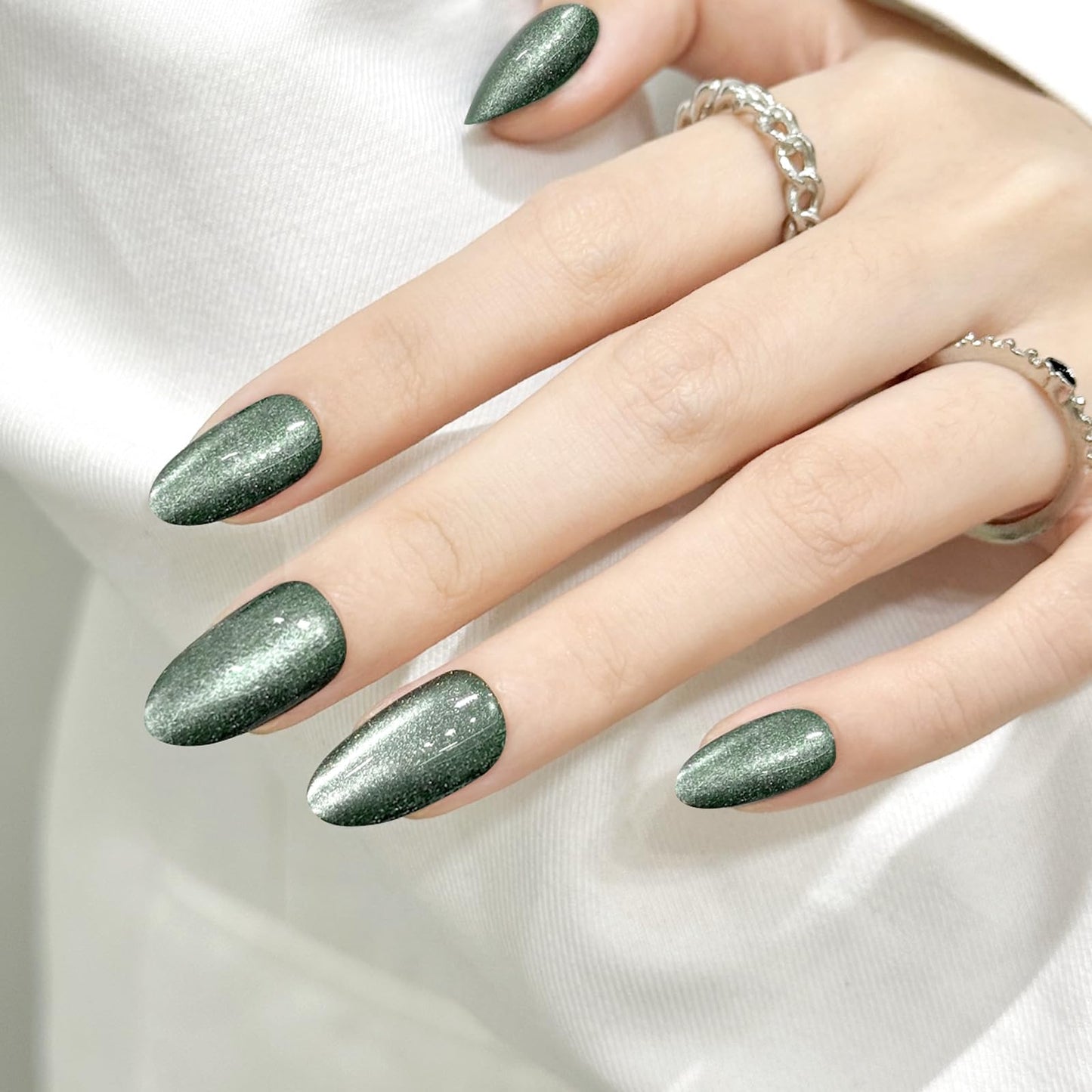 Green Almond Cat Eyes Press On Nails,12 Sizes - 24 Pcs Soft Gel Blackish Green Medium Fake Nails Kit with Nail Glue, Natural Reusable Stick On False Nails for Women and Girls SK1027