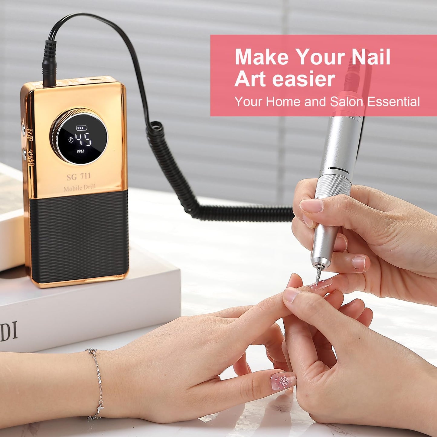 Electric 45000RPM Nail Drill Machine Rechargeable Portable Nail File Electric DIY Nail Drill Kit with Smart LCD Screen for Gel Nail Manicure and Pedicure Reflective Body etc (Yellow)
