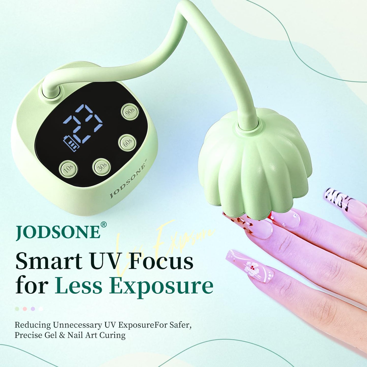 JODSONE Fast Curing U V Nail Lamp - Portable and Flexible Gooseneck Lamp with 360° Adjustable Design, Rechargeable LED Dryer for Gel Polish, Auto Sensor & 4 Timers, Home DIY Manicure Light Mint Green