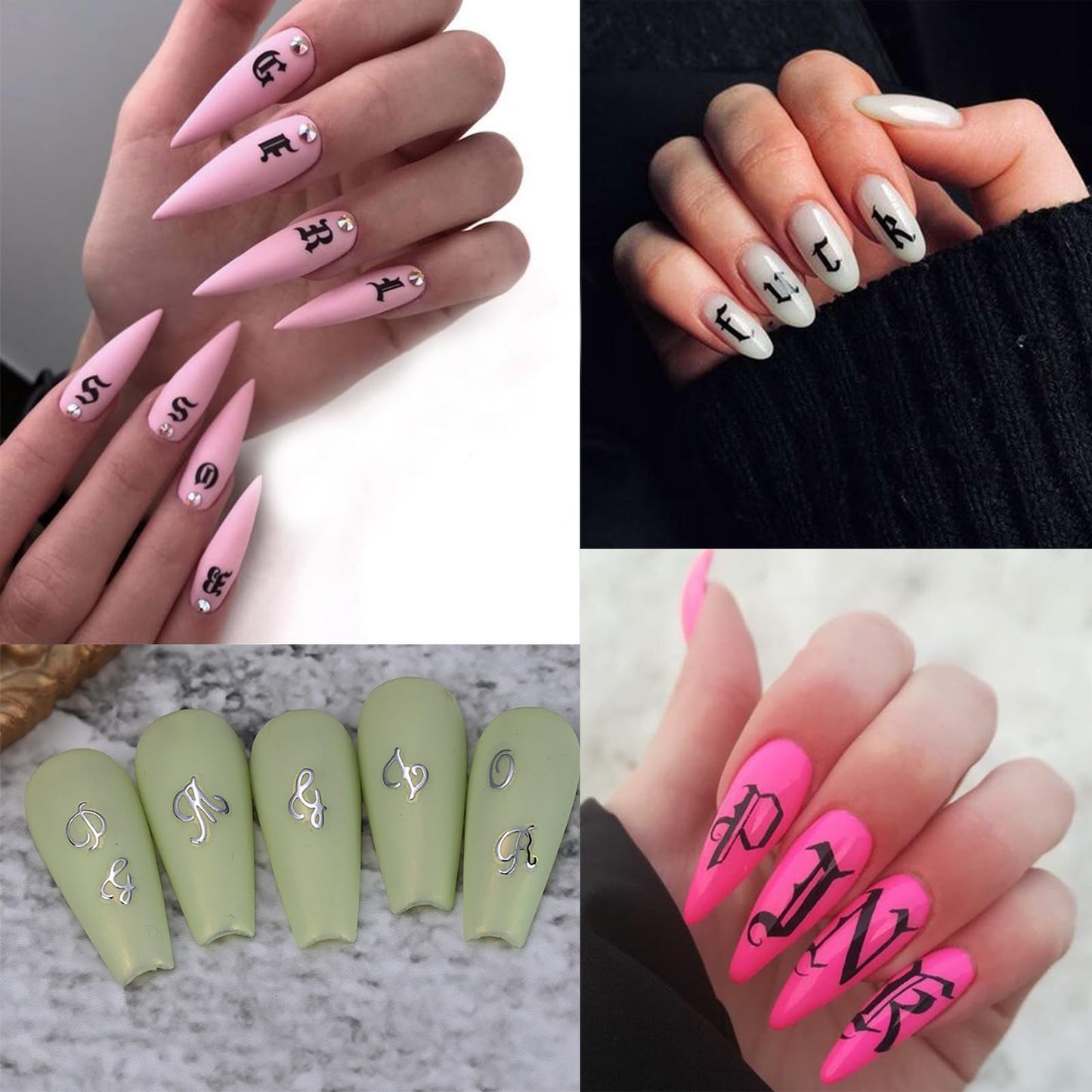 8 Sheets Old English Nail Sticker 3D Self-Adhesive Pegatinas Uñas Holographic Old English Letter Nail Decals White Black Gold Silver Nail Art Design Alphabet Nail Supplies Decorations for Women