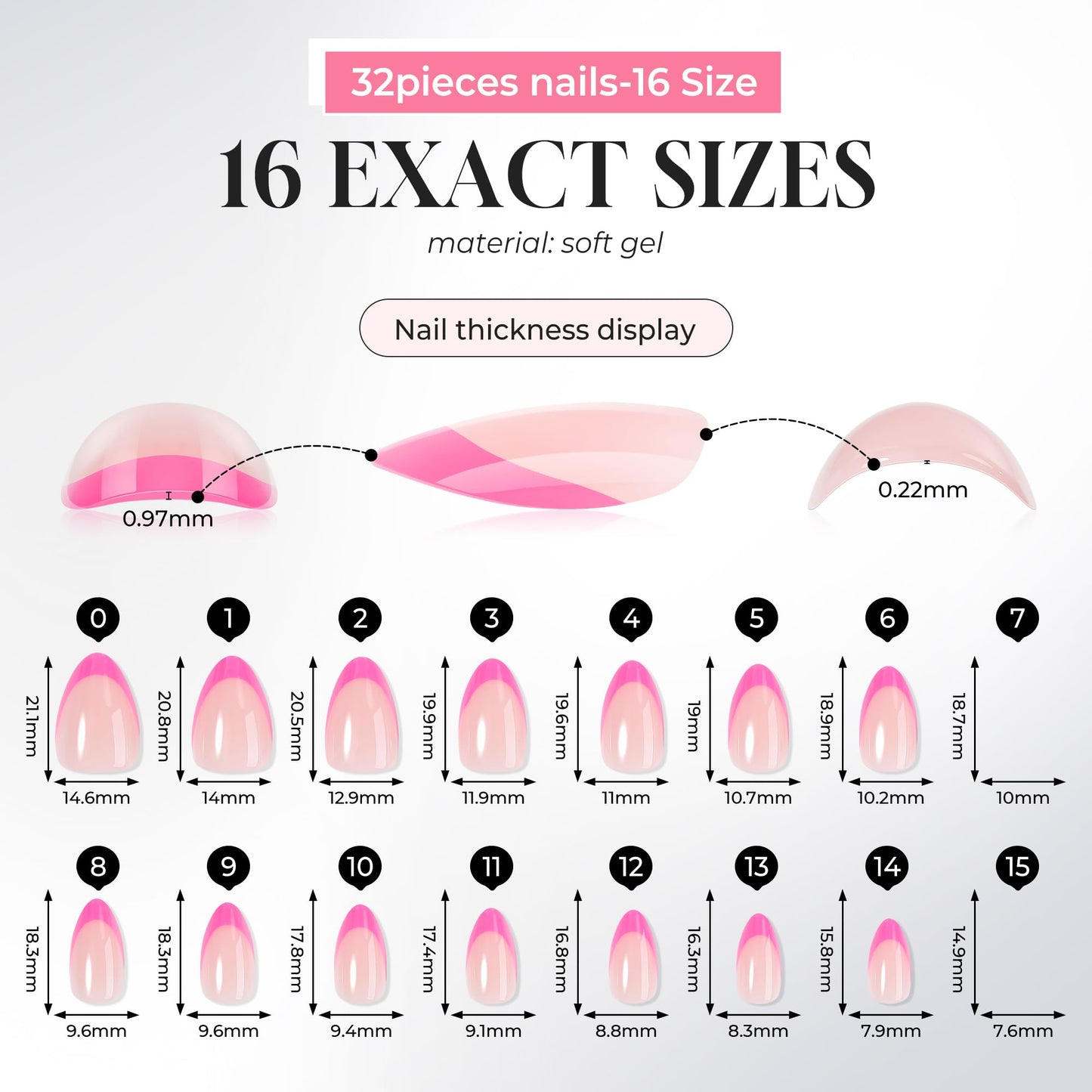 UNA GELLA 32Pcs Soft Gel Press on Nails - 16 Sizes Hot Pink Summer French Tip Almond Glue on Nails, Reusable Neon Pink False Nails, Full Cover Acrylic Nail Kit for Women DIY Home Manicure