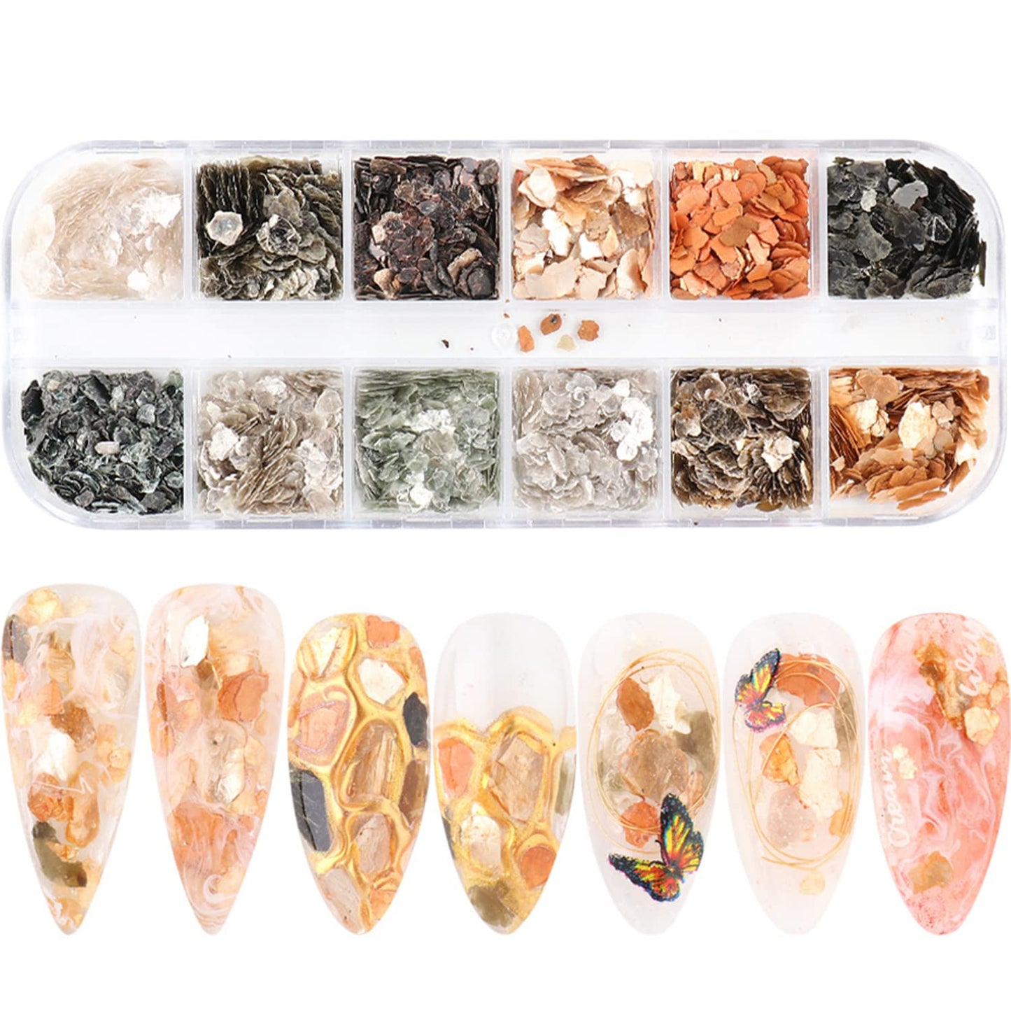 Mica Marble Nail Art Flakes, Holographic Japanese Style 3D Nail Glitter Sequins Design, 3D Mica Marble Nail Slices Acrylic Nails Supplies for Women Manicure Charms Decorations, DIY Resin Nail Art Tips