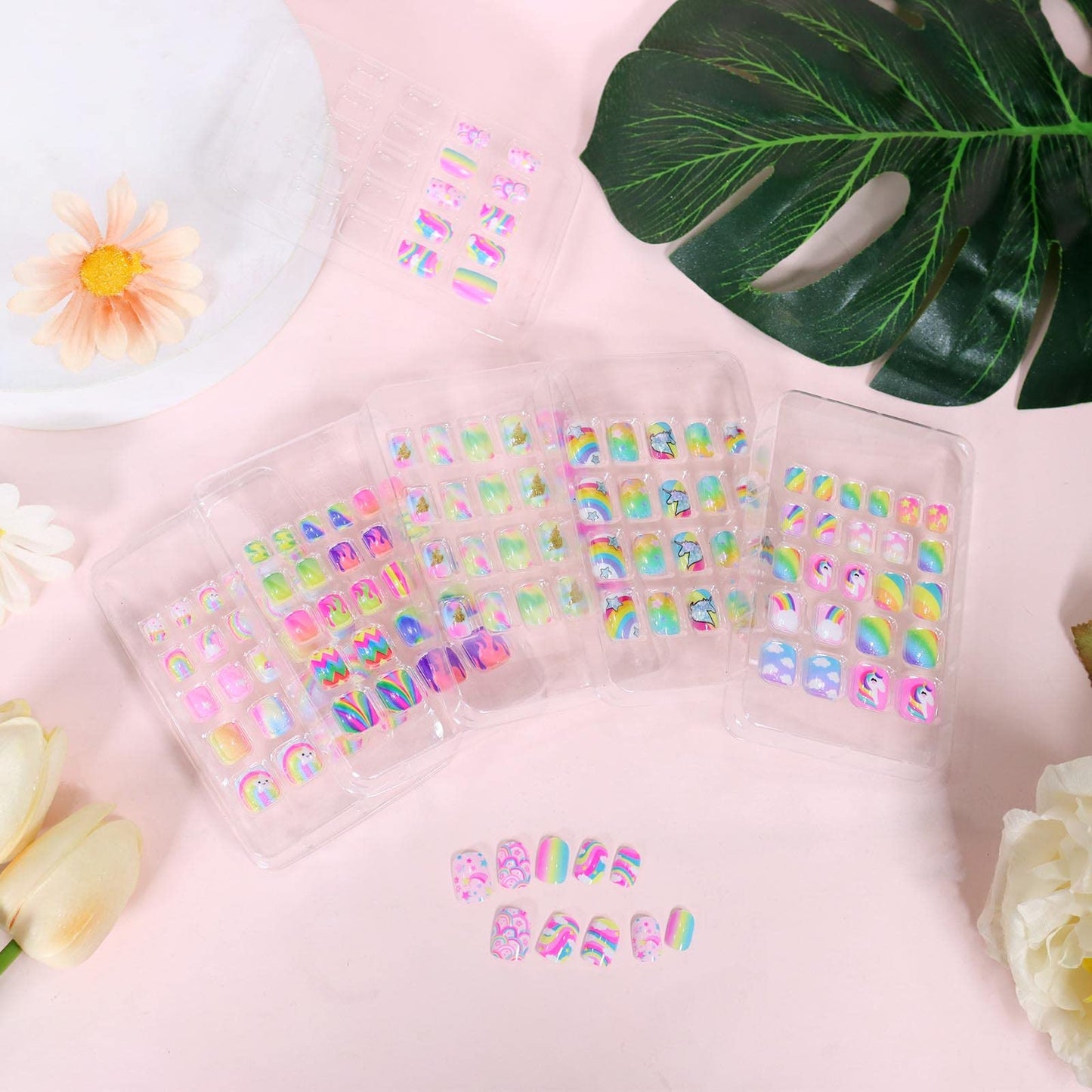 SIUSIO 132 Pcs 6Pack Kids Press on Nails Children Acrylic Fake Nails Cute Pre-glue Full Cover Glitter Gradient Color Rainbow Short Stick On False Nail Art Kits Set for Kids Little Girls - Spendid Pony