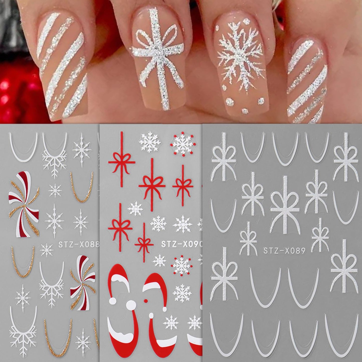 Christmas French Nail Stickers Decals with Christmas Cartoon Snowflakes, French Lines, Bows, Santa Hats Design Snowflake Gift Xmas Nail Sticker Nail Tip Winter Holiday Manicure Decor for Women