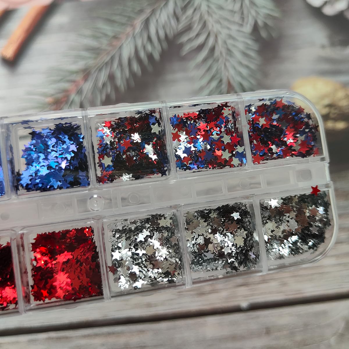 4th of July Nail Art Glitter Sequins 3D Holographic Nail Flakes Red Silver Blue American Flag Nail Art Design Shiny Star Nail Glitter for Acrylic Nails,Independence Day Manicure Decoration Accessories