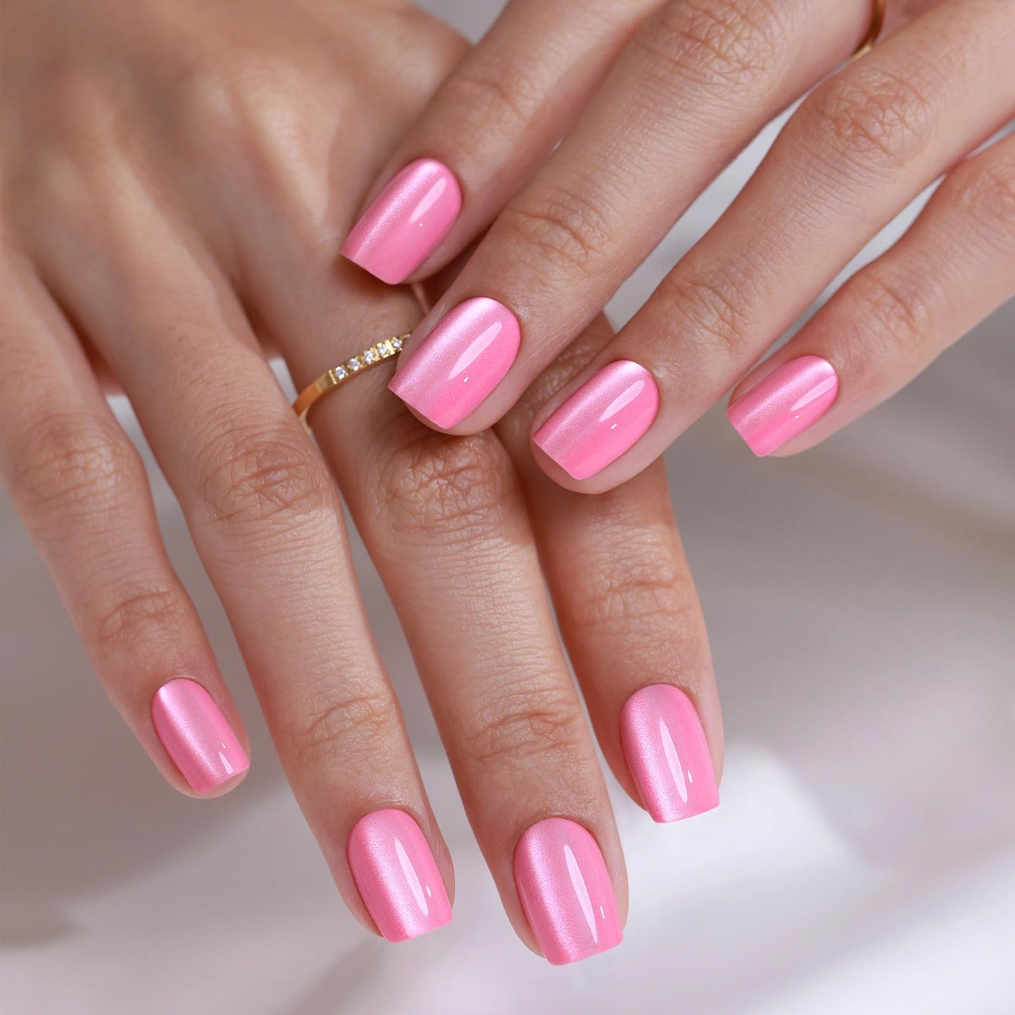 Pastel Baby Pink Press on Nails Short - SHANGMENG Soft Gel Valentines Cat Eye Press on Nails Square for Women Gift, Glossy Glue on Nails in 16 Sizes - 32 Reusable Fake Nails Kit with Glue, Sweet Kiss